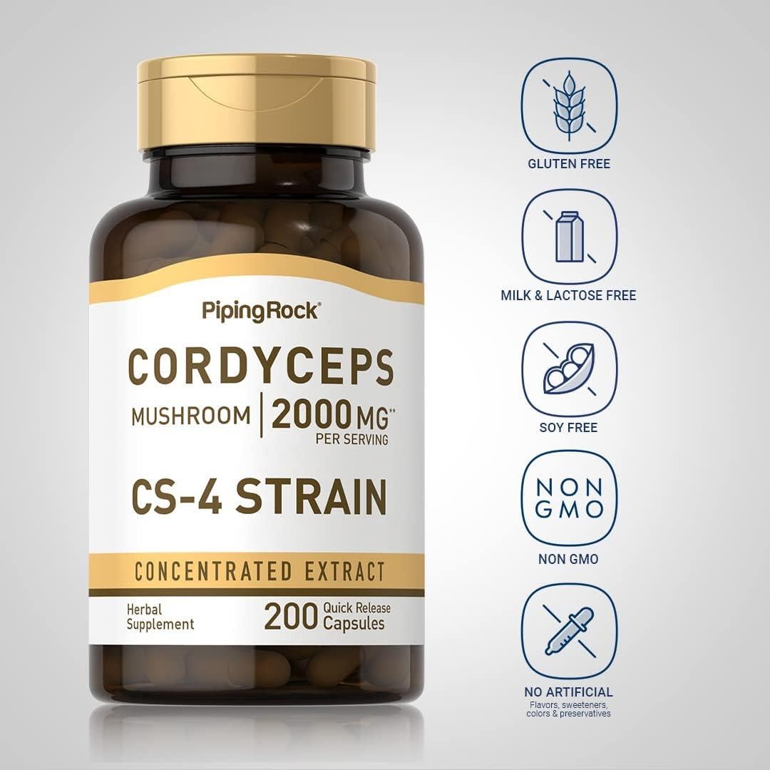 Cápsulas de Hongo Cordyceps Piping Rock 2000mg - 200 Unidades