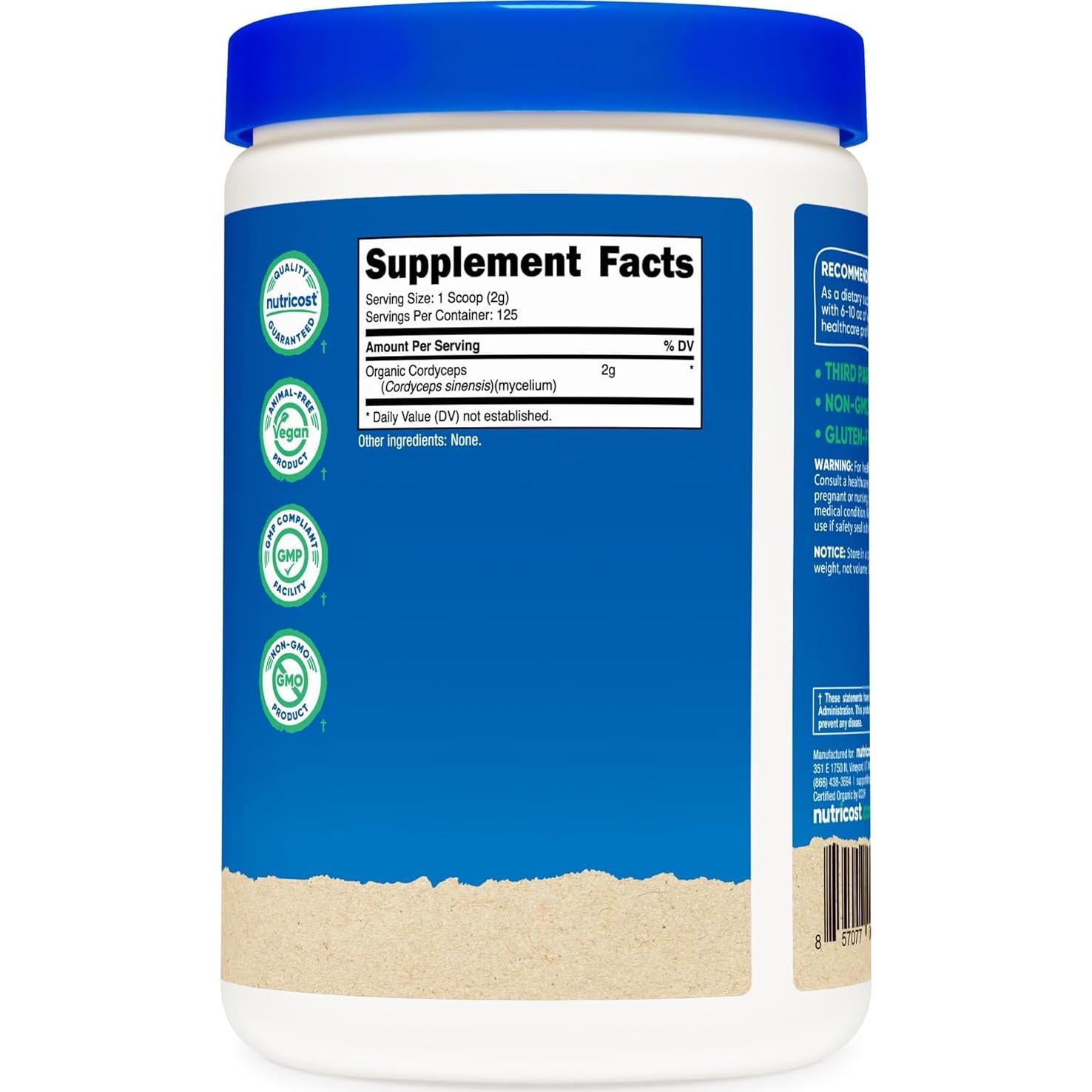 Polvo de Hongo Cordyceps Orgánico Nutricost 250g - Certificado USDA