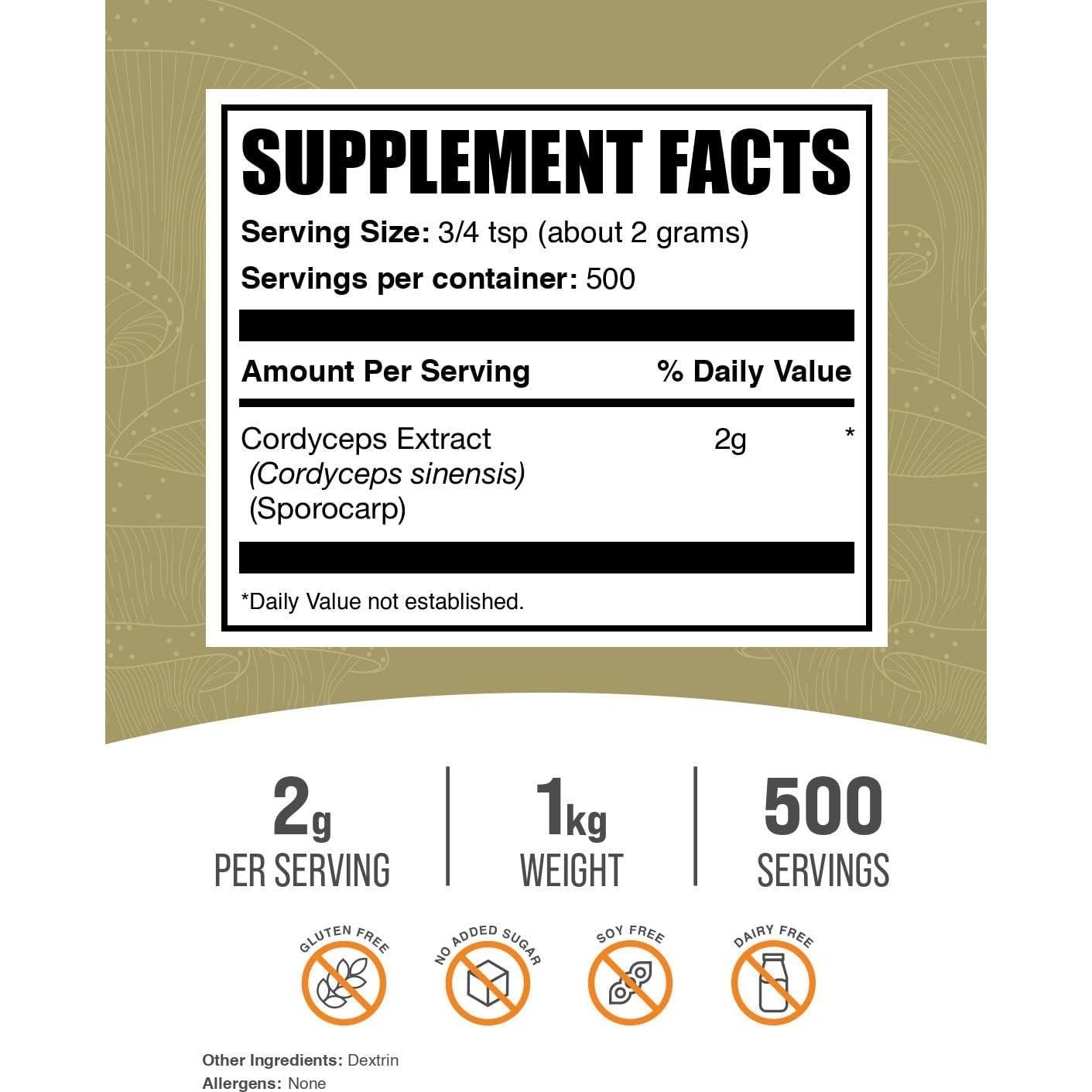 Extracto de Hongo Cordyceps en Polvo BulkSupplements 1kg Vegano