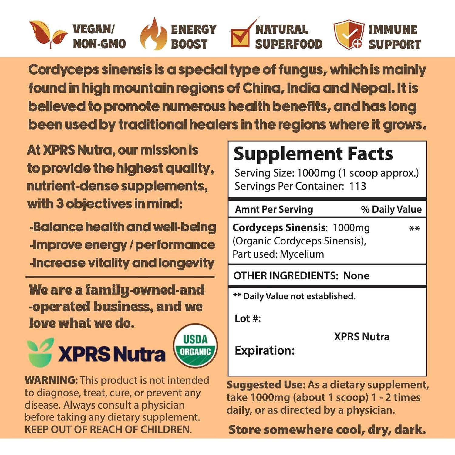 Polvo de Hongo Cordyceps Orgánico XPRS Nutra 113 g - Energía y Salud