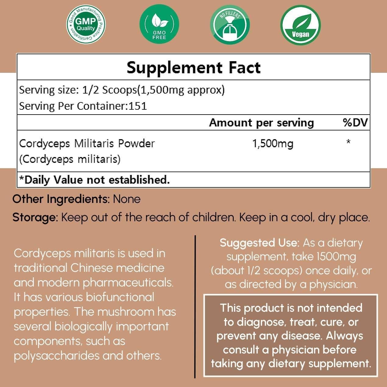 Polvo de Cordyceps Militaris 227 g - Suplemento Inmunológico Beleon