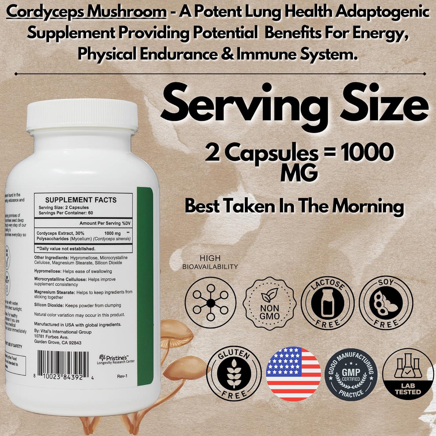 Cápsulas de Hongo Cordyceps PRISTINE 1000 mg - 60 Días