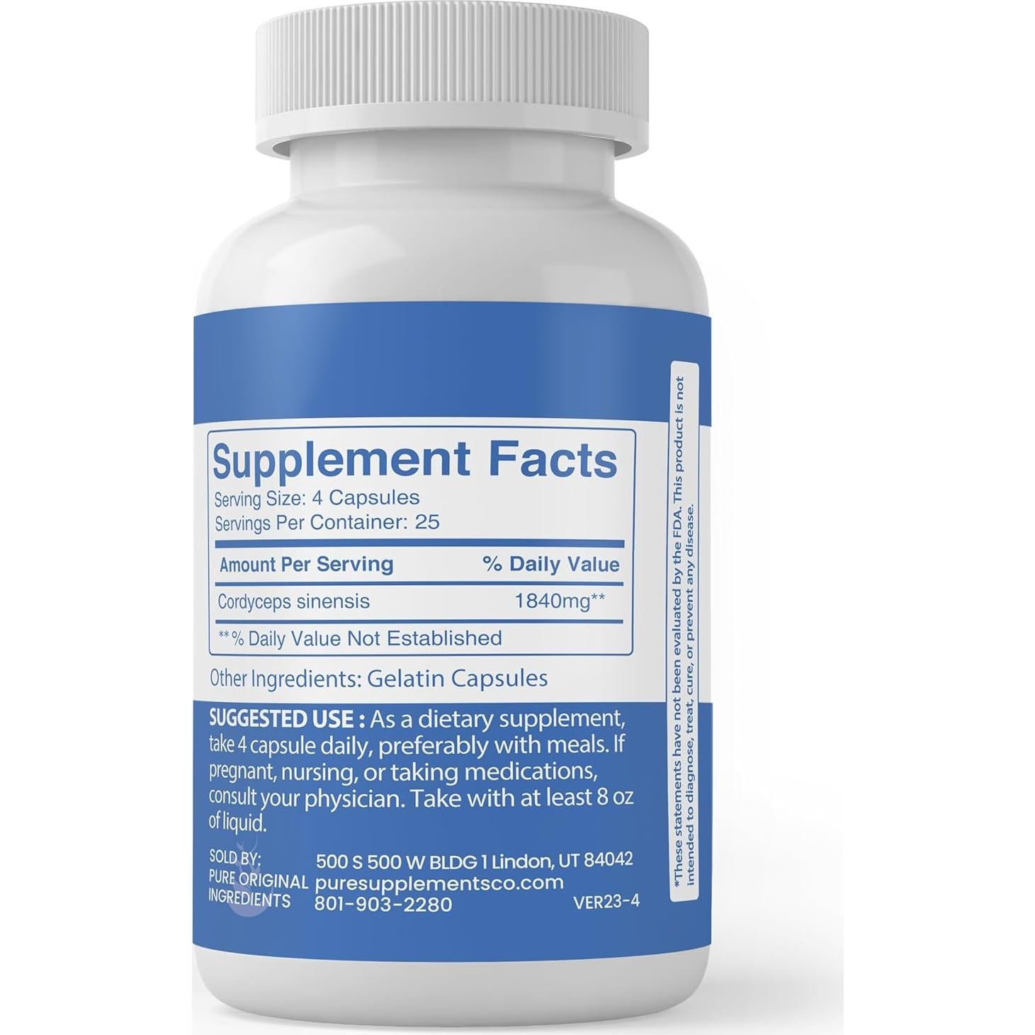 Cápsulas de Cordyceps 100% Puras Ingredientes Originales 100 Unidades