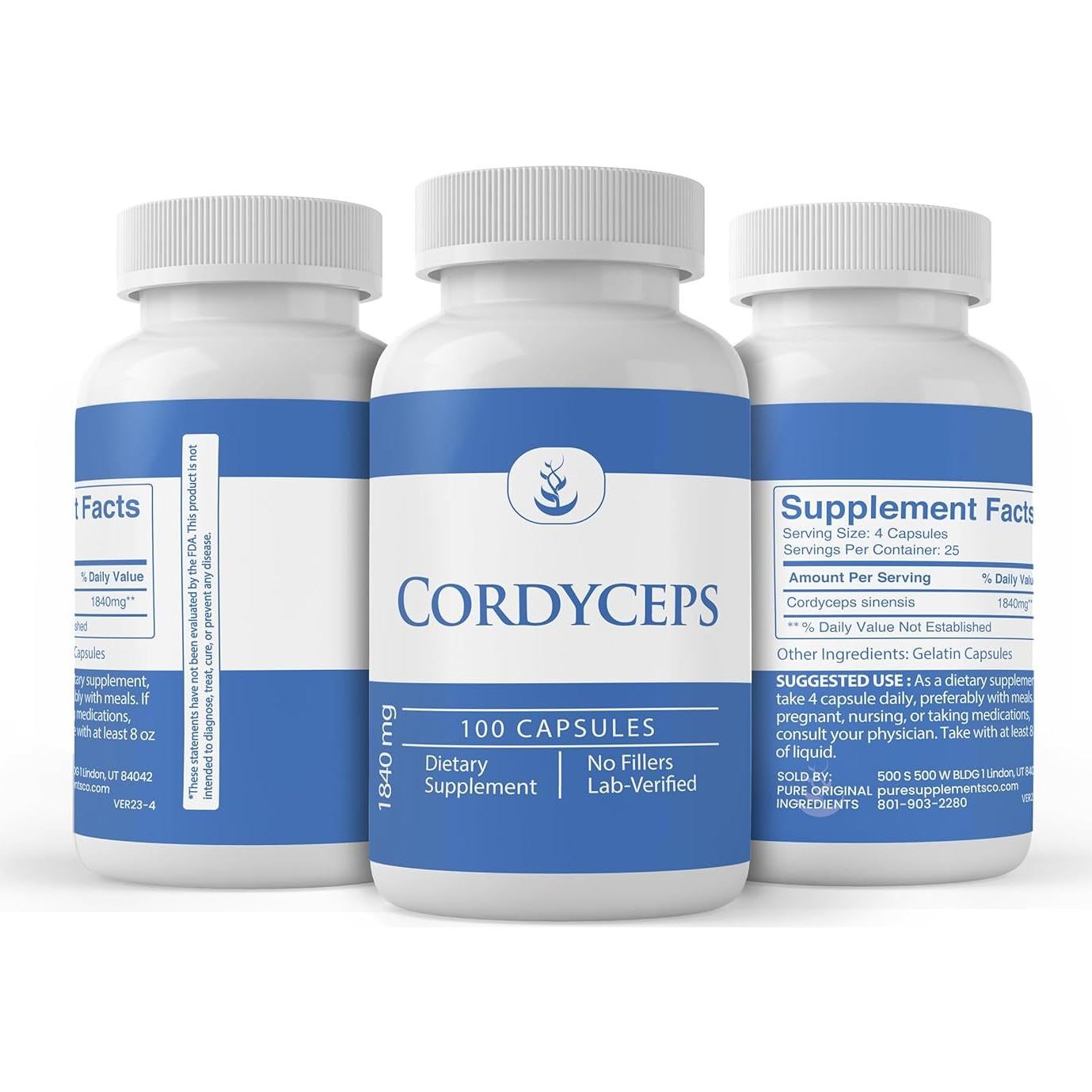 Cápsulas de Cordyceps 100% Puras Ingredientes Originales 100 Unidades