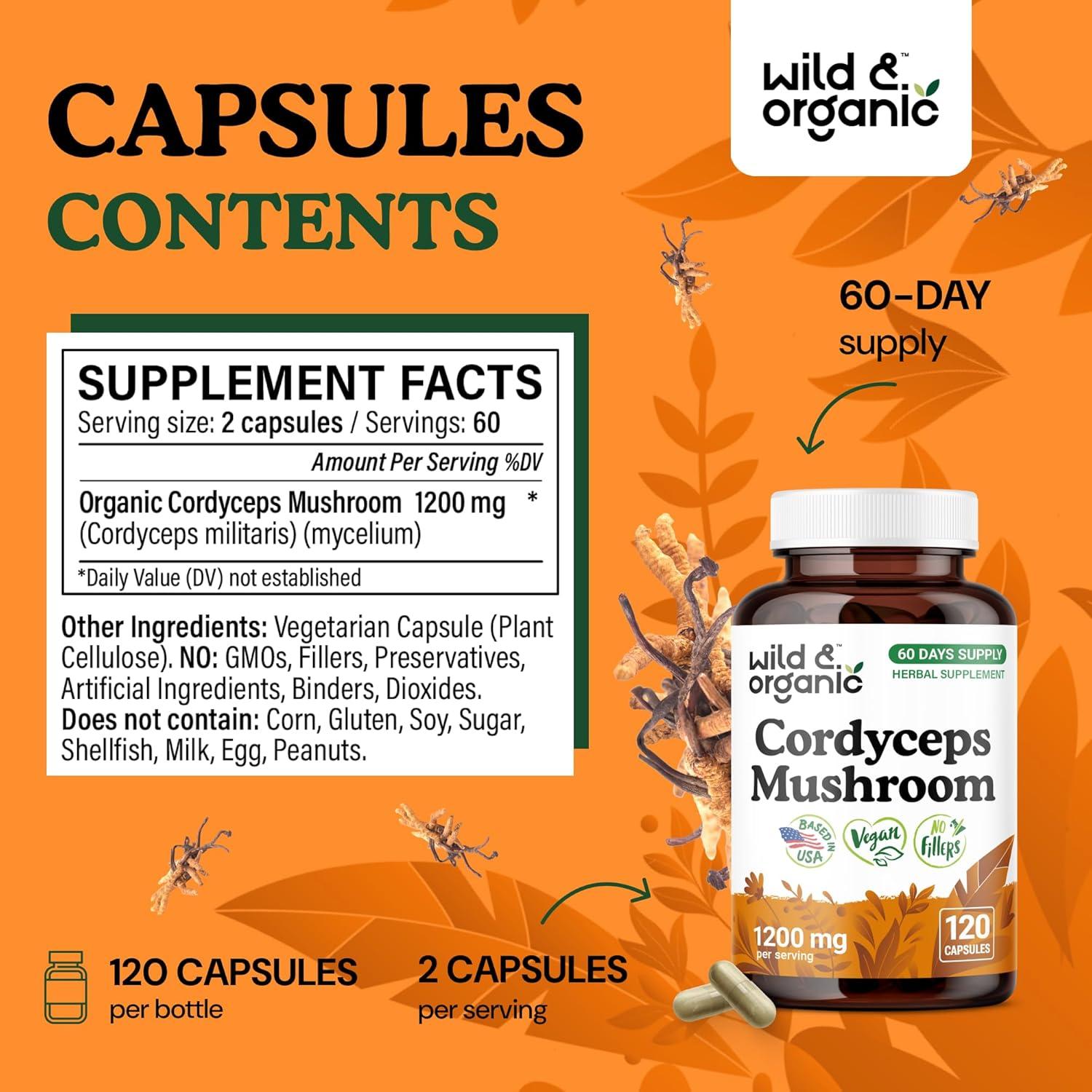 Cápsulas de Hongo Cordyceps Silvestre 1200 mg - Vegano - 120 Unidades