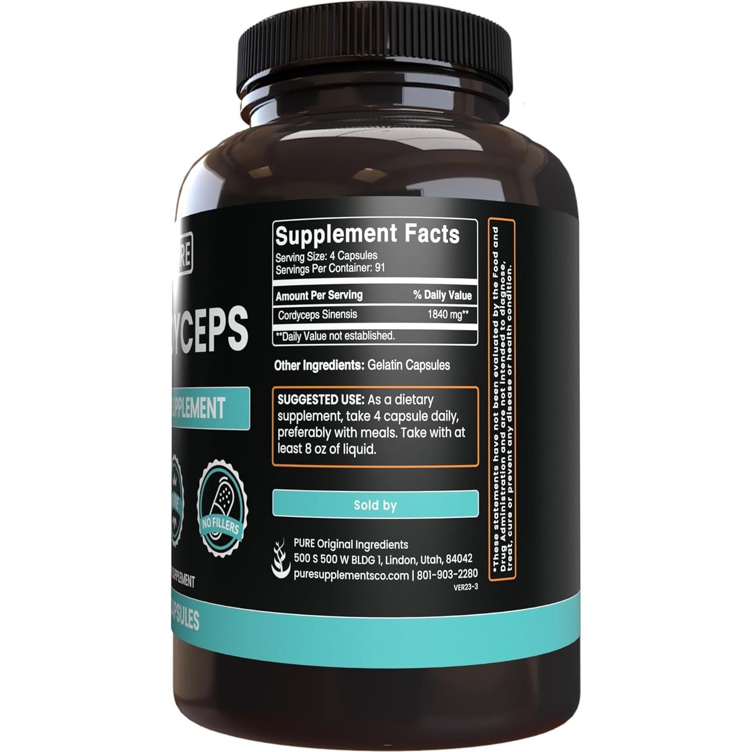 Cápsulas de Cordyceps Puras Ingredientes Originales 365 Unidades