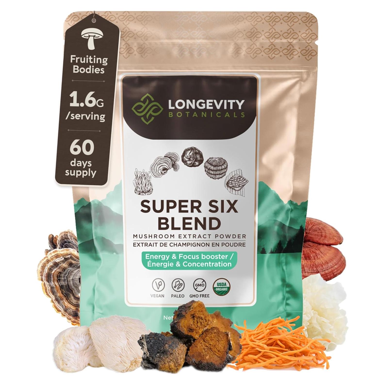Mezcla de Hongos Orgánicos Super Seis Longevity 100g - 100% Cuerpos Fructíferos