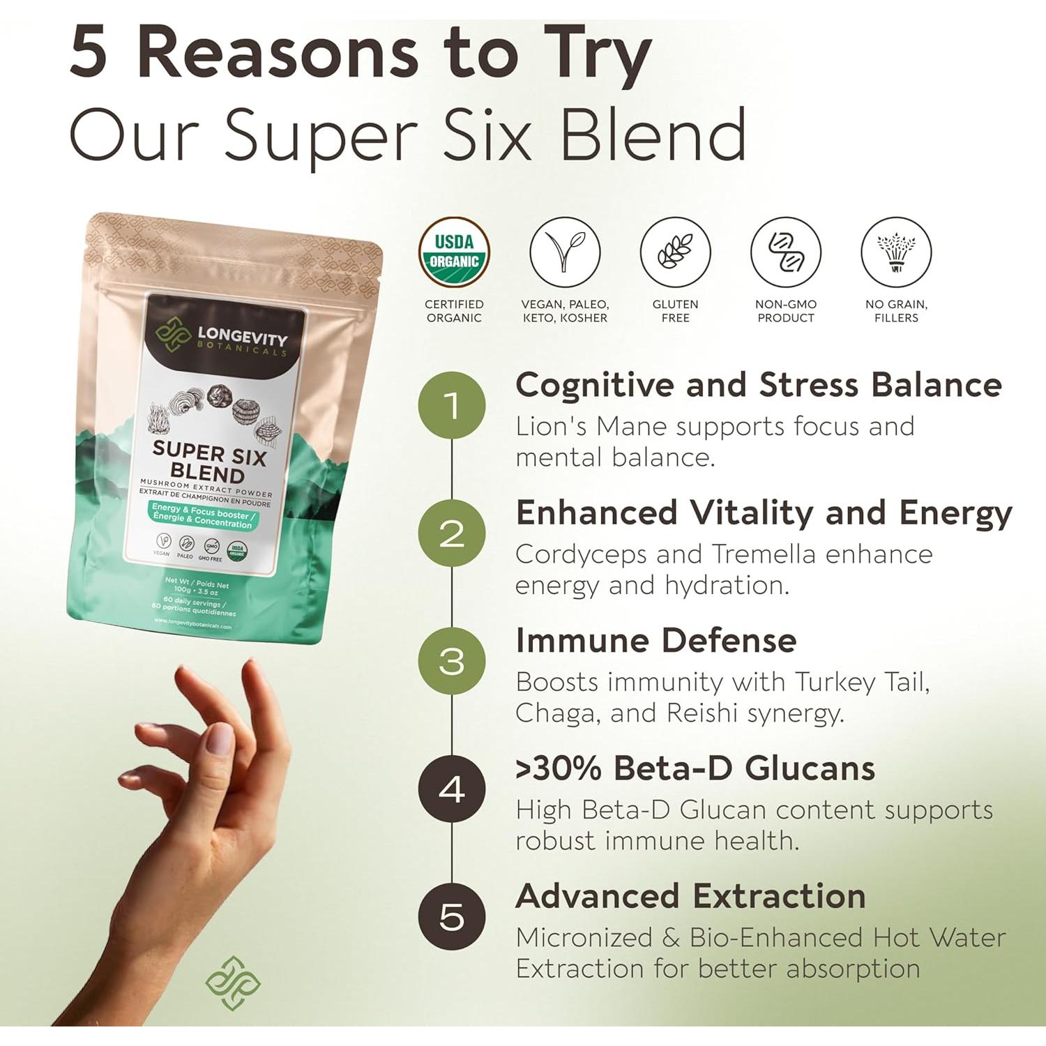 Mezcla de Hongos Orgánicos Super Seis Longevity 100g - 100% Cuerpos Fructíferos