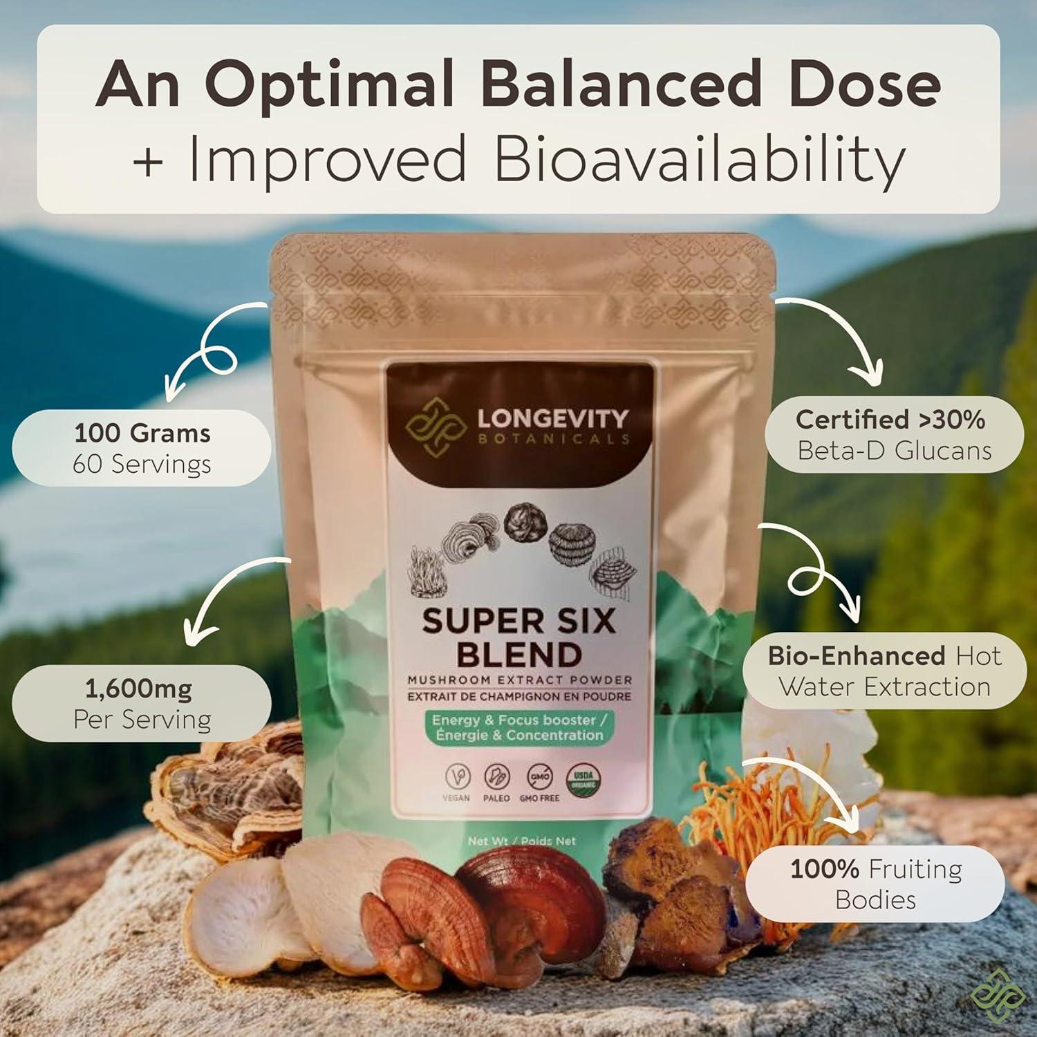 Mezcla de Hongos Orgánicos Super Seis Longevity 100g - 100% Cuerpos Fructíferos