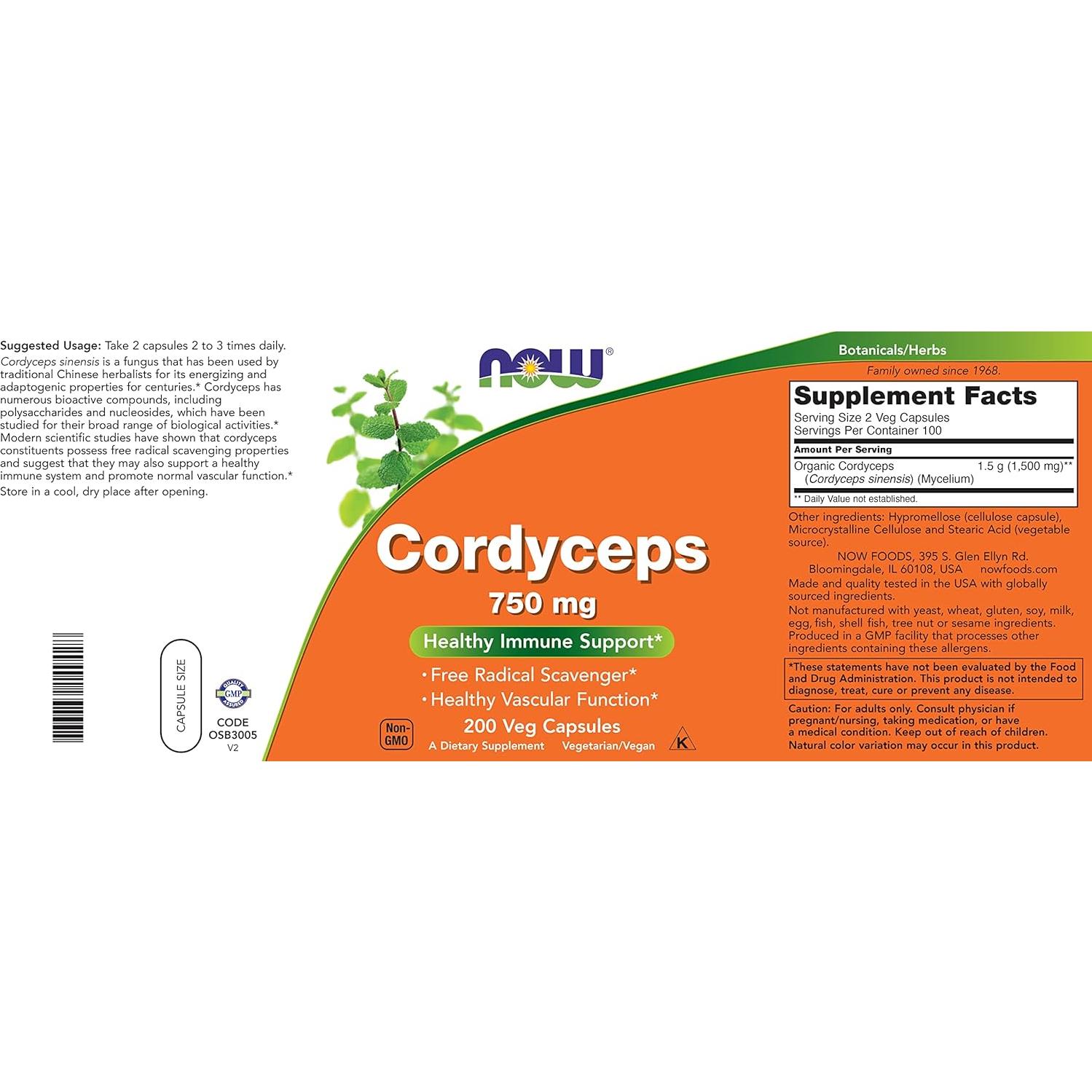 NOW Foods Cordyceps 200 Cápsulas 750 mg Veganas Paquete de 2