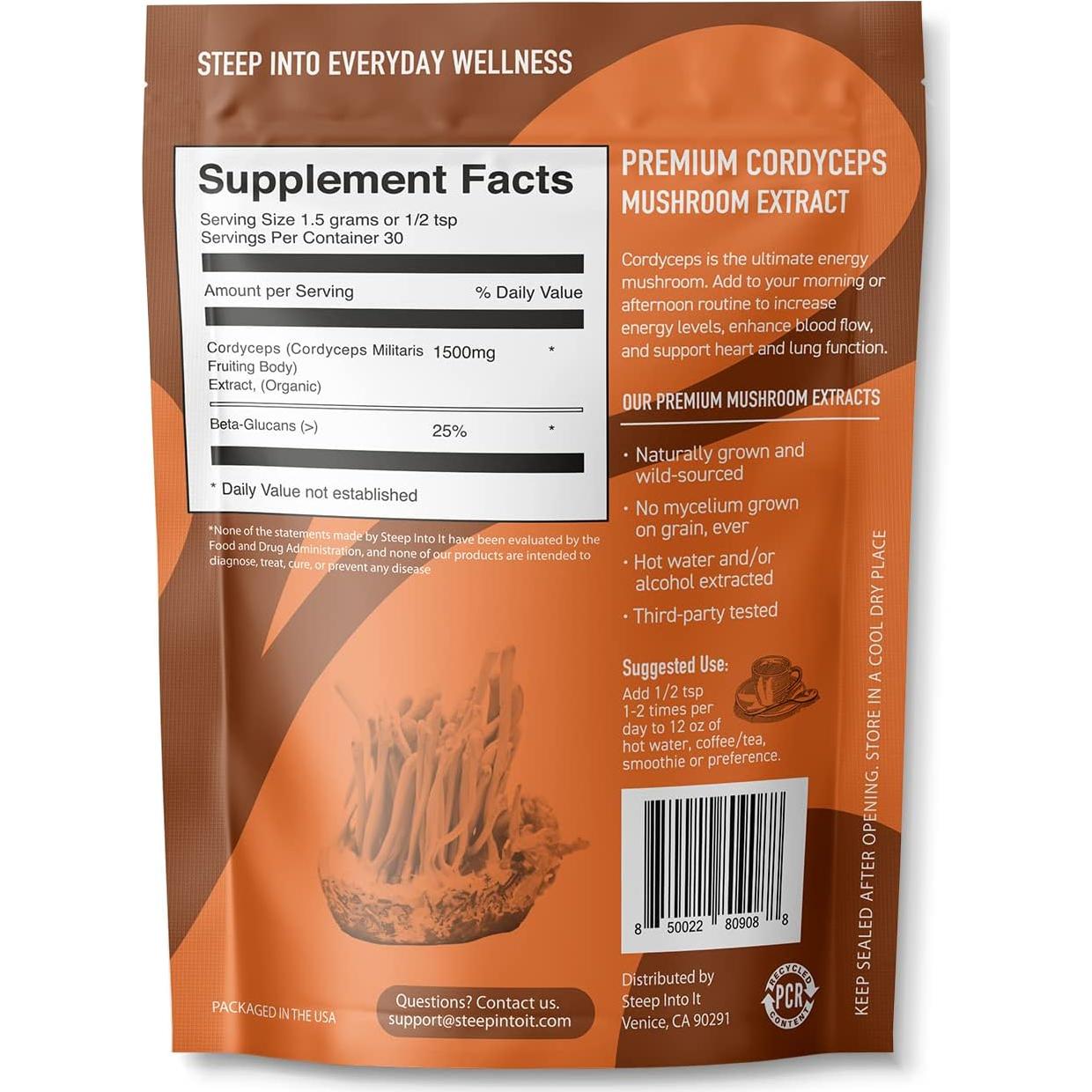 Suplemento en polvo de hongo Cordyceps orgánico Steep Into It 45g