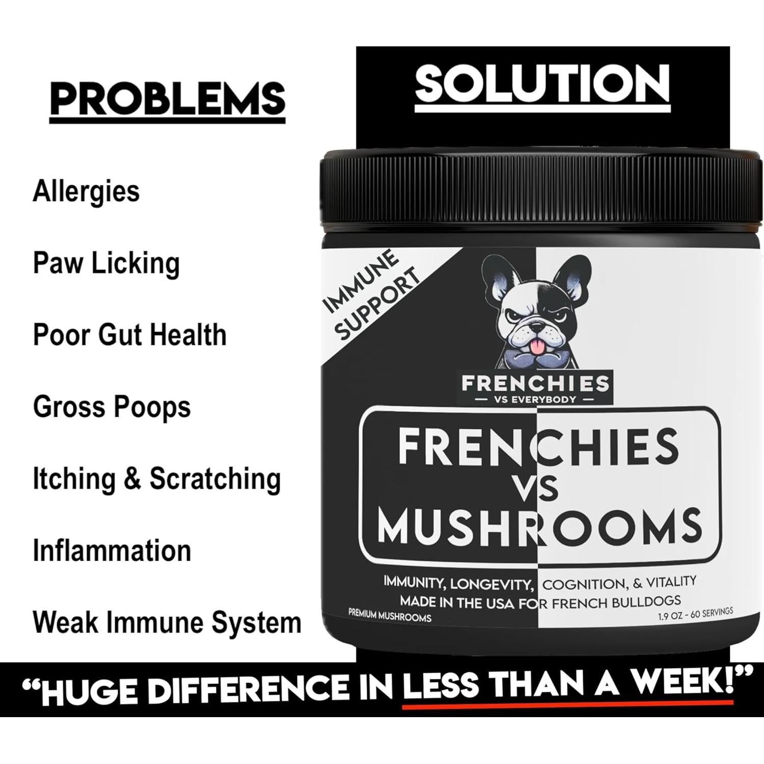 Suplemento de Champiñón para Bulldog Francés - Frenchies vs Champiñones - Omega-3 y Cúrcuma