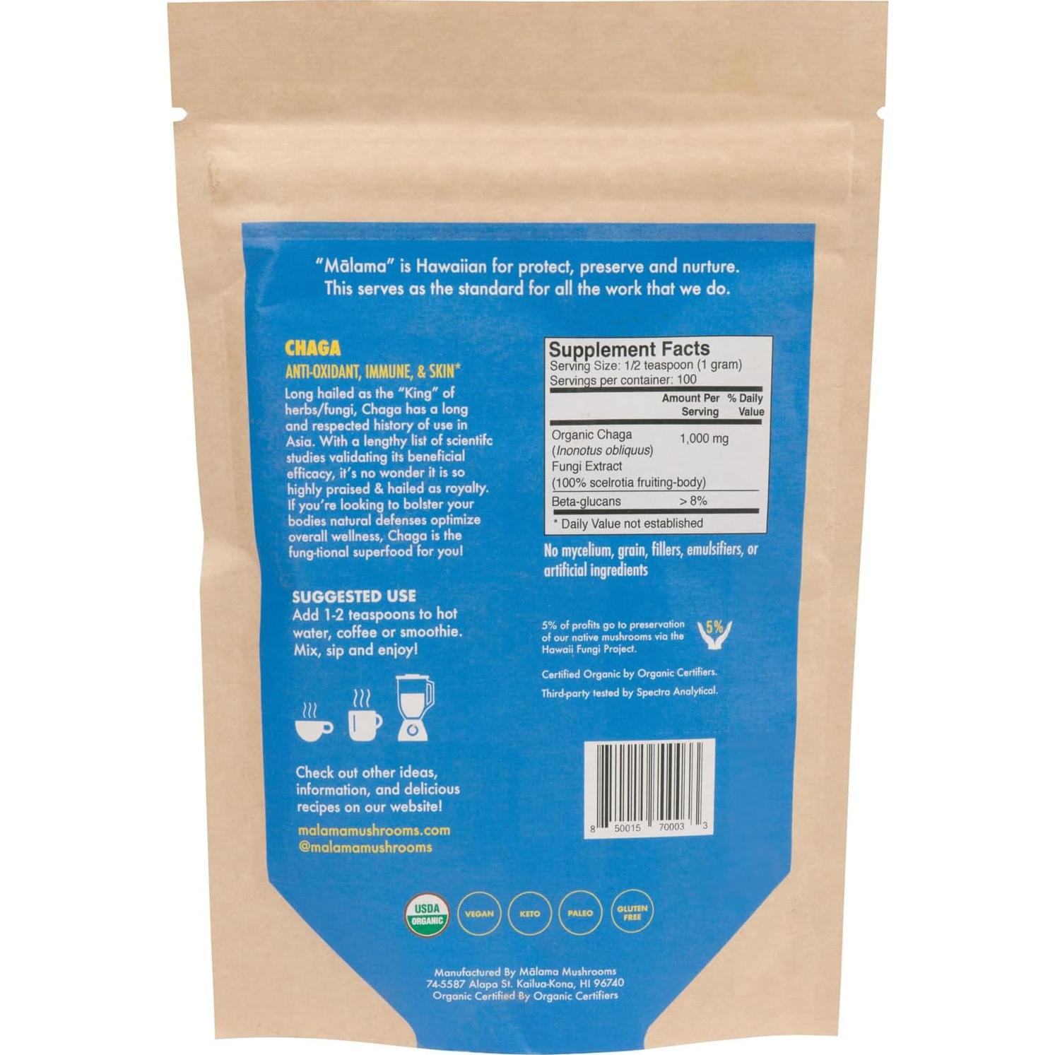 Polvo de Hongo Chaga Orgánico Malama 110g - Superalimento Adaptogénico