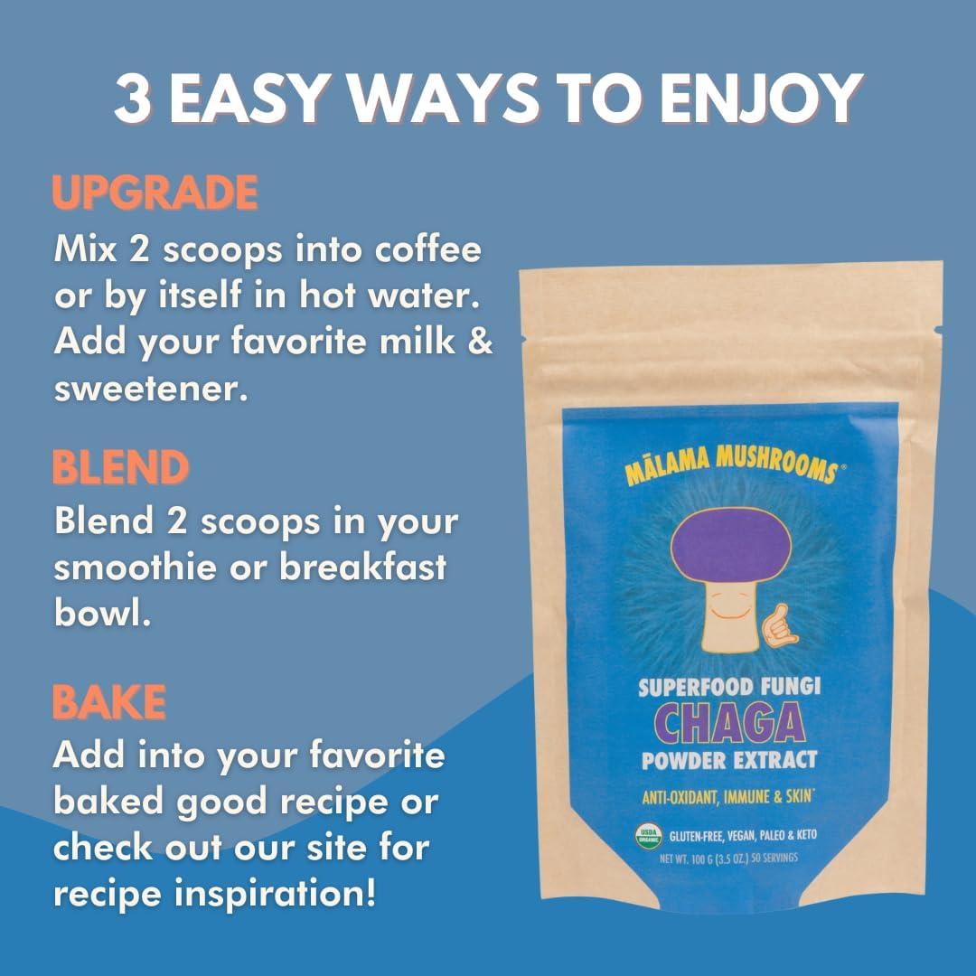 Polvo de Hongo Chaga Orgánico Malama 110g - Superalimento Adaptogénico