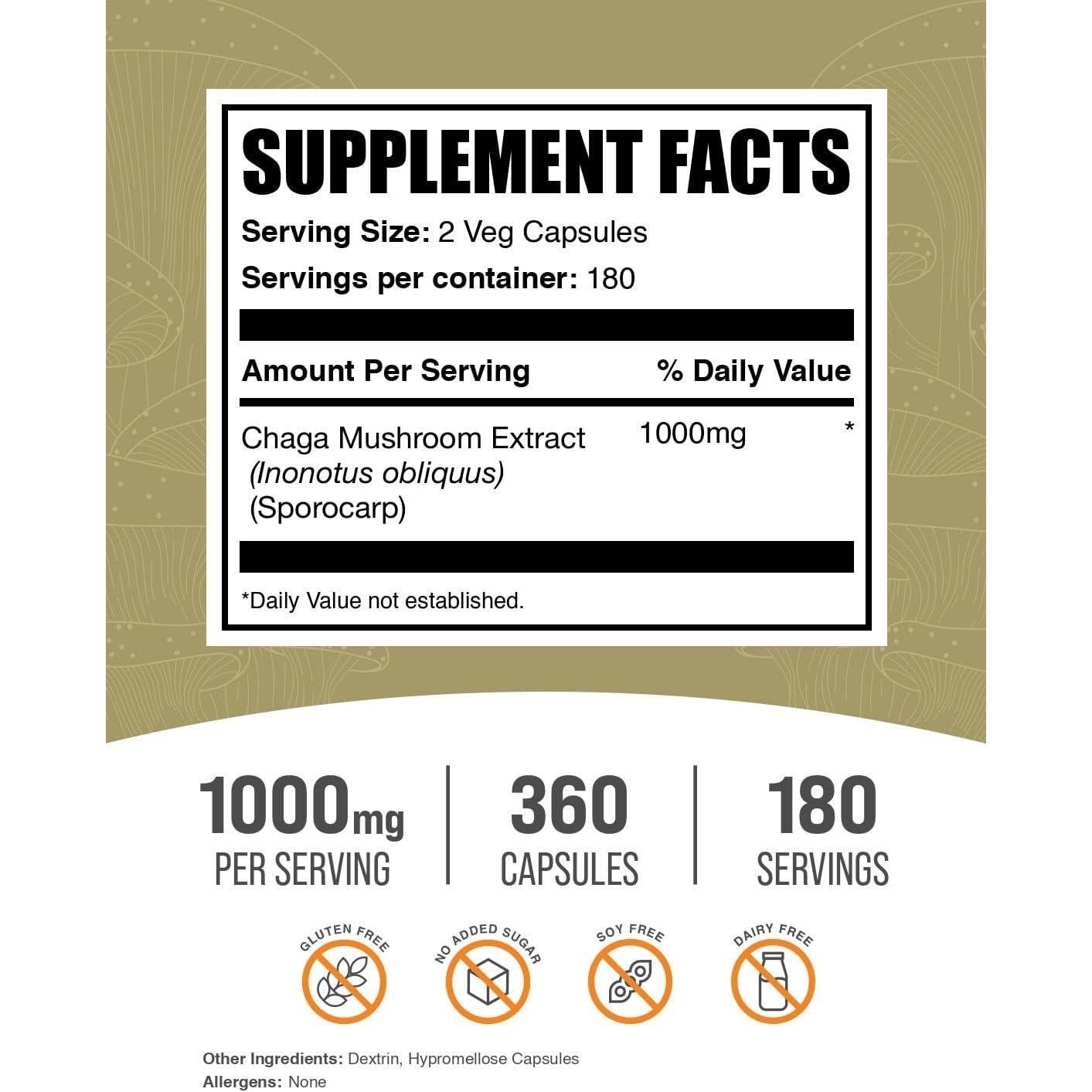 Cápsulas de Extracto de Hongo Chaga BulkSupplements 1000mg 360u