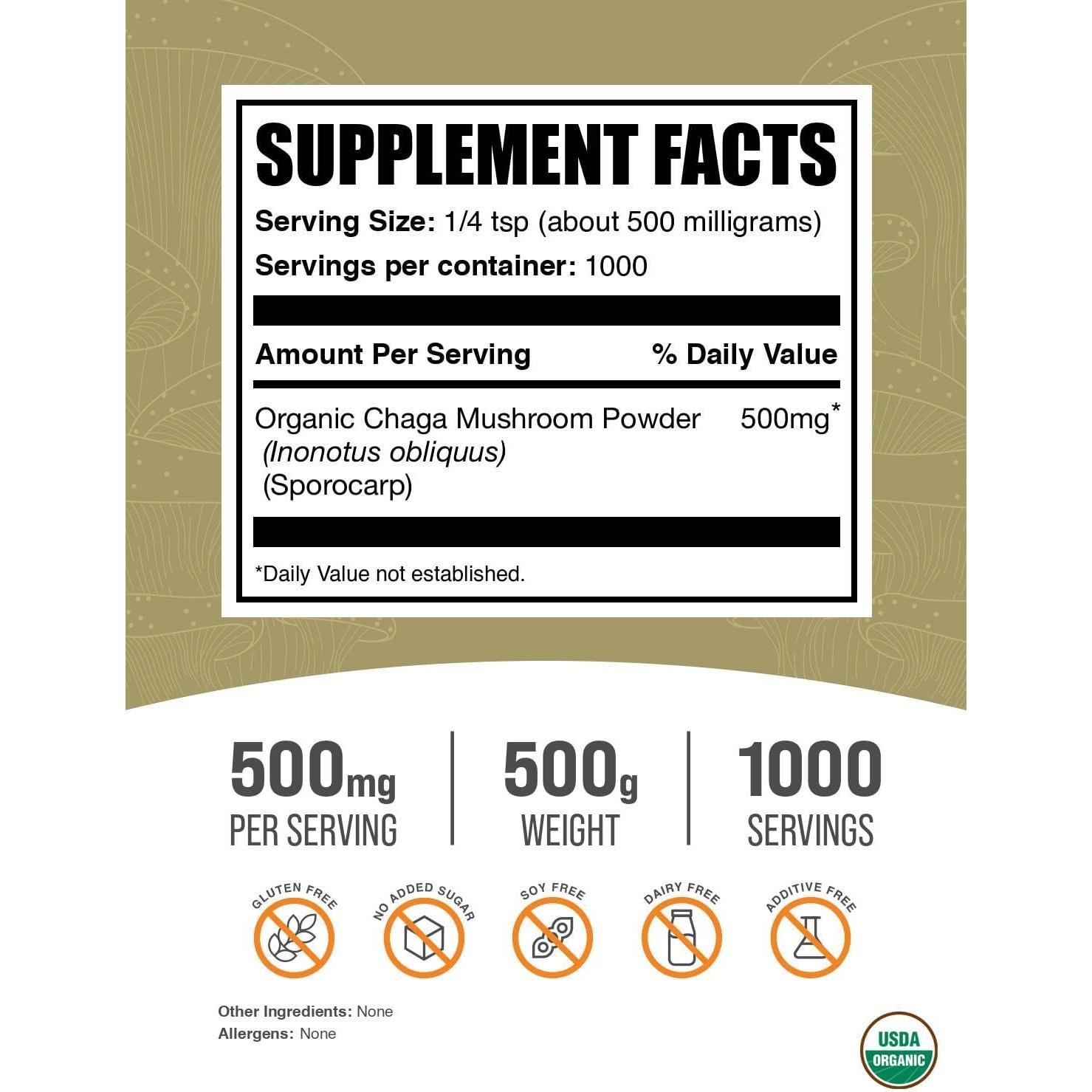 Polvo de Hongo Chaga Orgánico BulkSupplements 500g Vegano