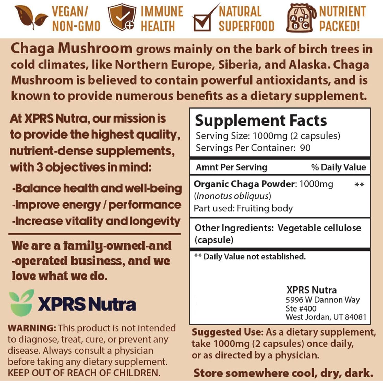 Cápsulas de Hongo Chaga XPRS Nutra - 180 Unidades - Veganas