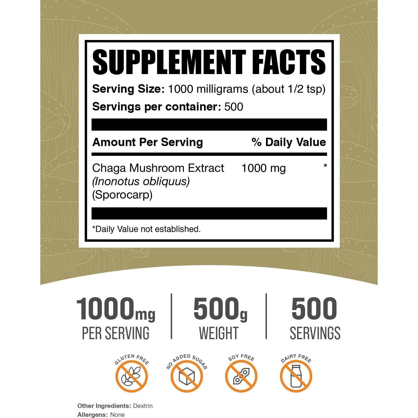 Extracto de Hongo Chaga en Polvo BulkSupplements 500g Sin Gluten