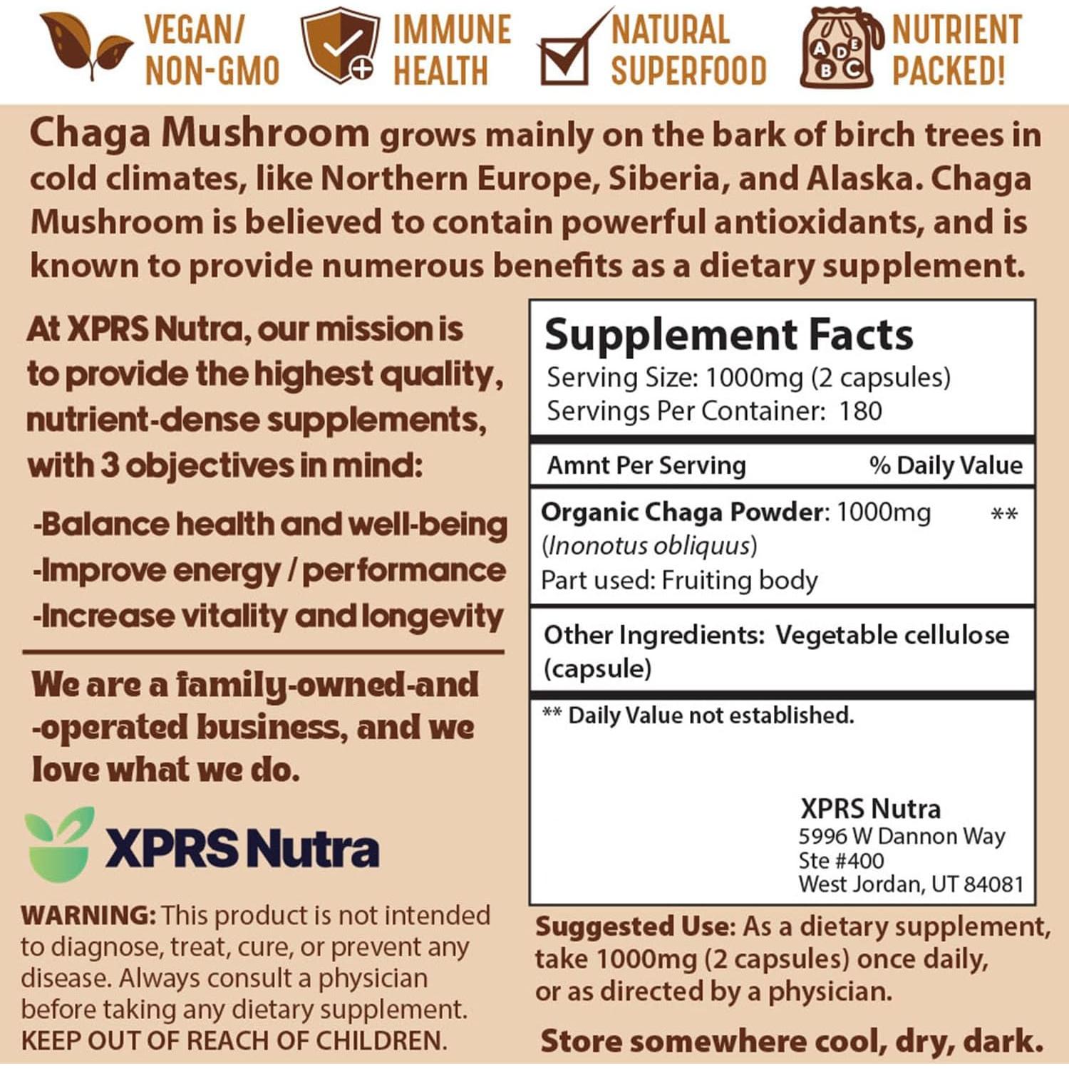 Cápsulas de Hongo Chaga XPRS Nutra - 360 Unidades - Veganas