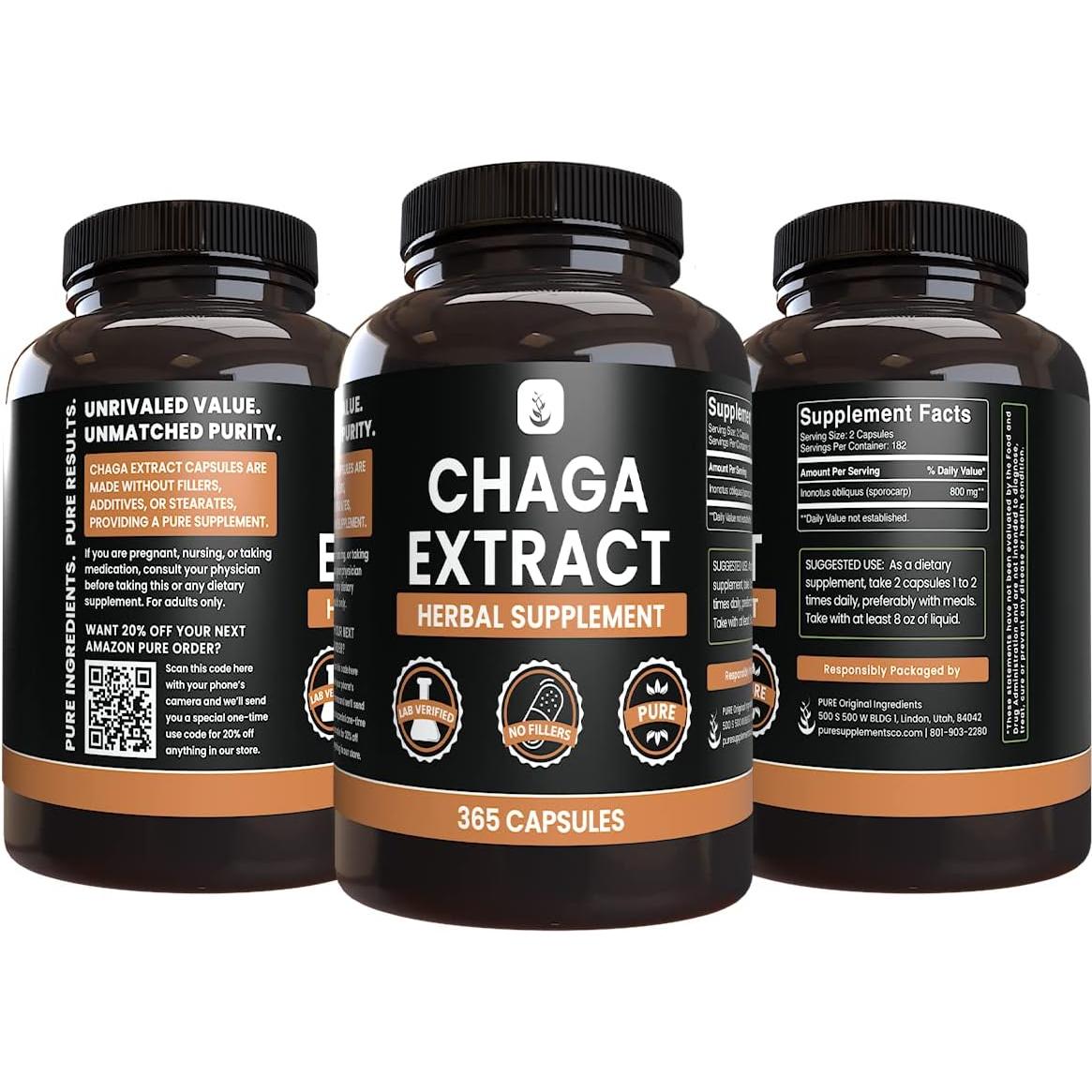 Extracto de Hongo Chaga Originales Puros 365 Cápsulas