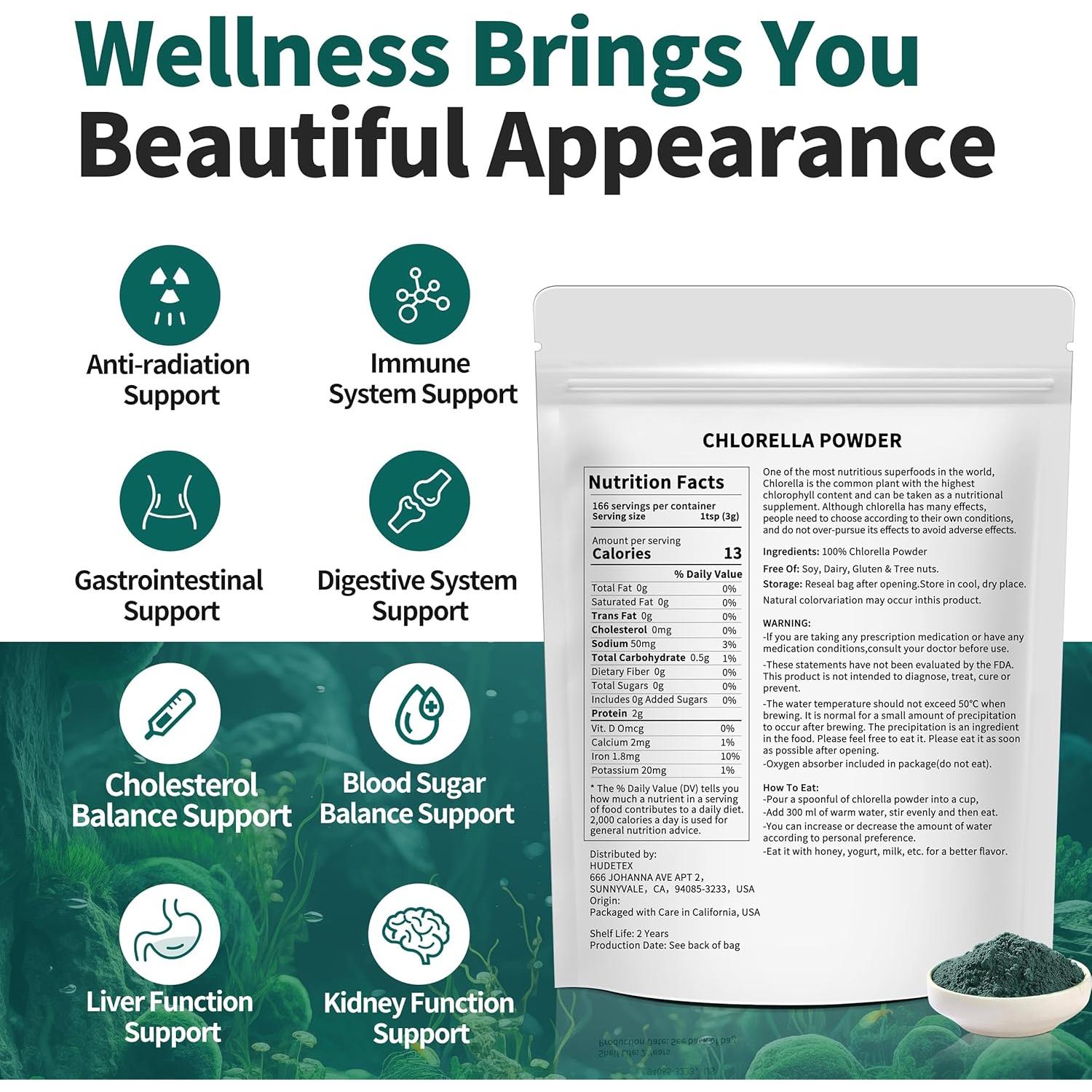 Polvo de Chlorella Natural Hudetex 510 g - Superalimento Vegano