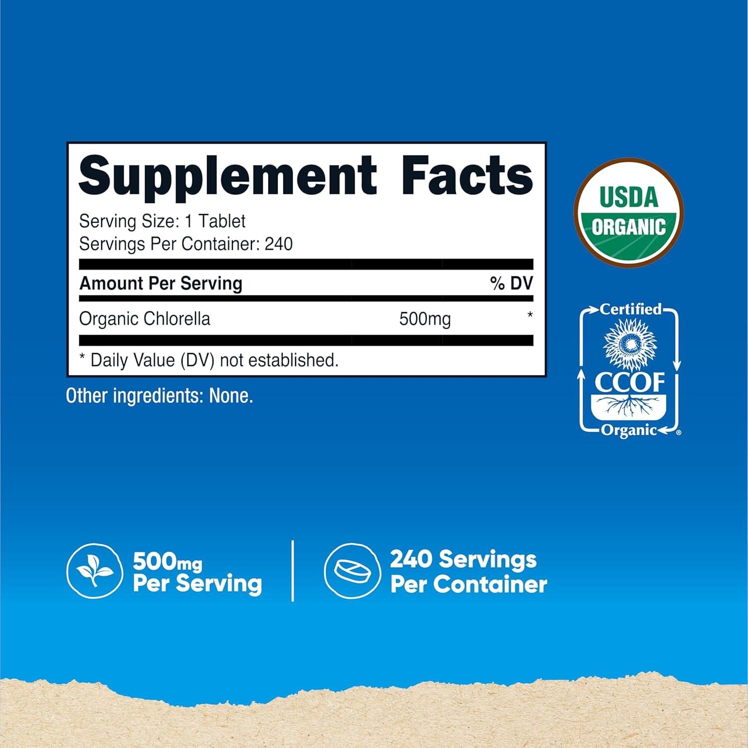 Chlorella Orgánica Nutricost 500mg - 240 Tabletas Sin Gluten