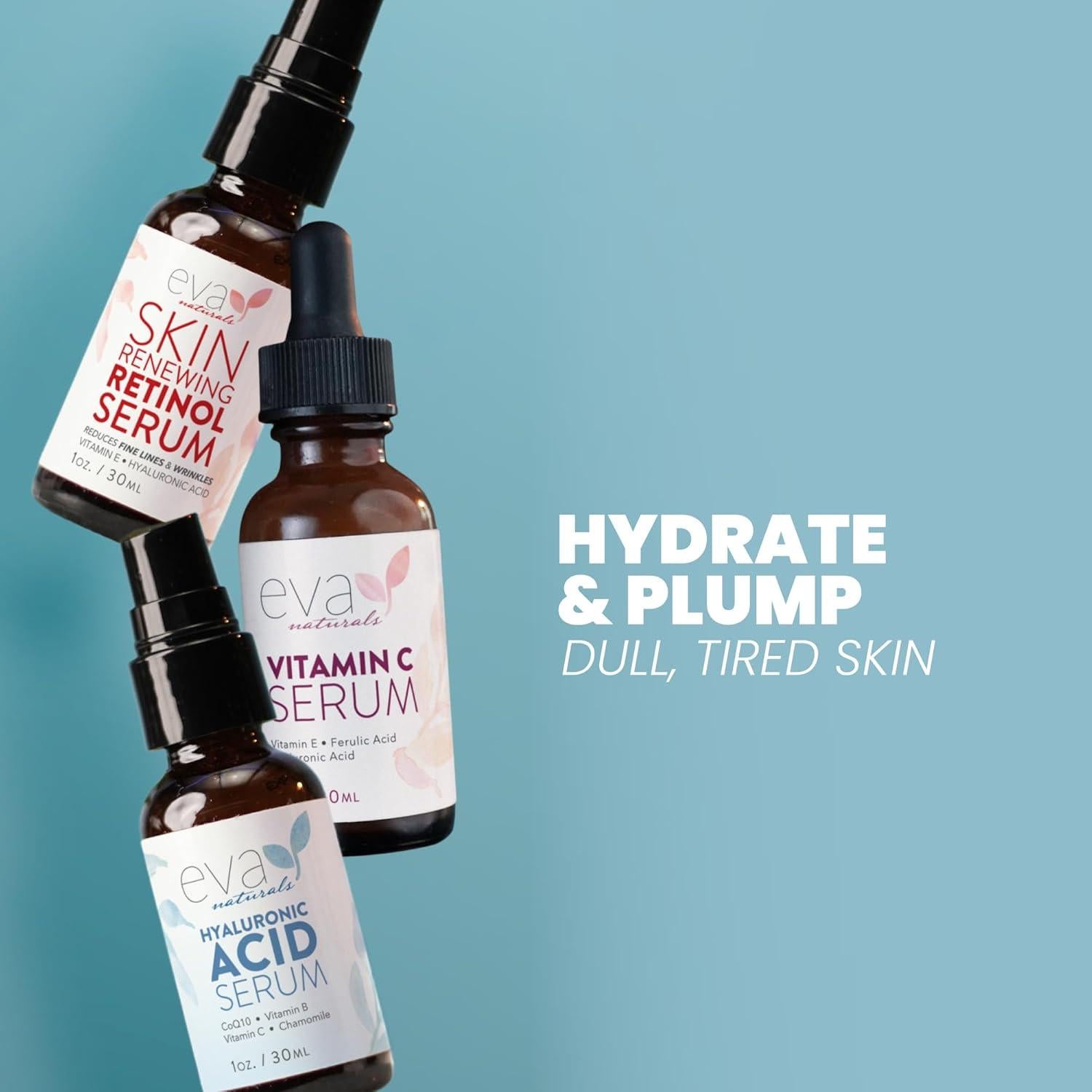 Paquete de Sueros Anti-Envejecimiento Eva Naturals - Vitamina C, Retinol y Ácido Hialurónico