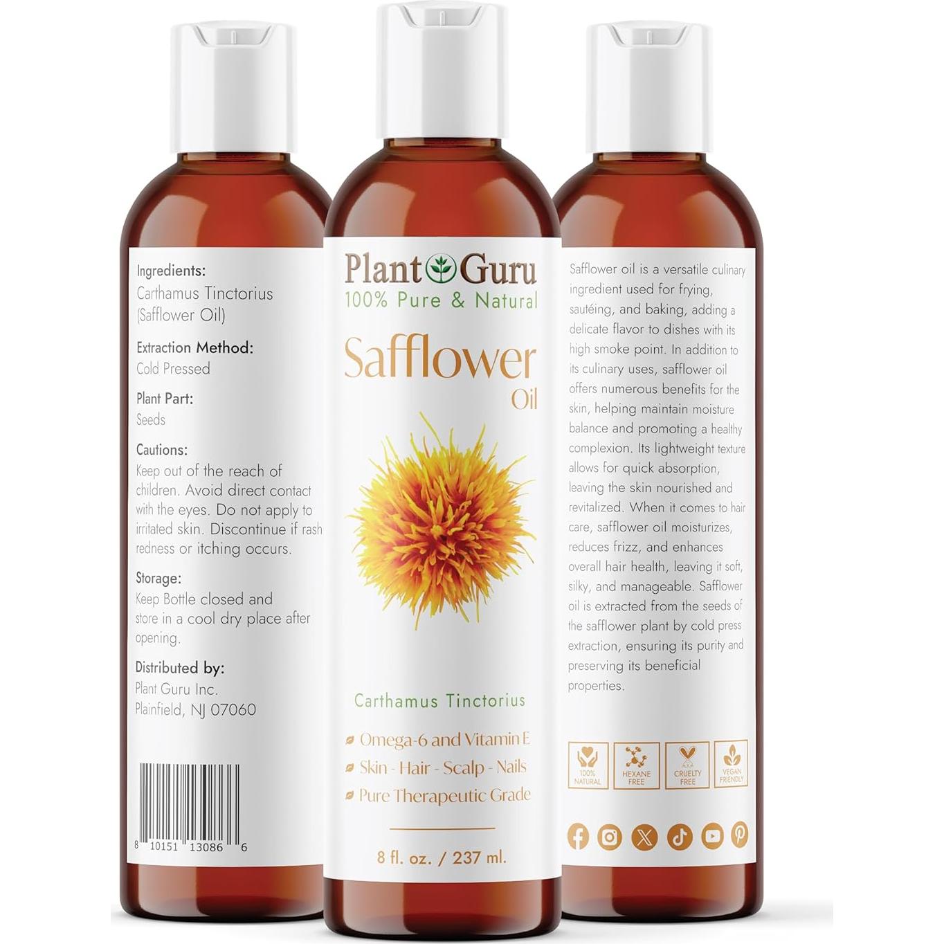 Aceite de Cártamo 236.6 ml - Prensado en Frío 100% Puro