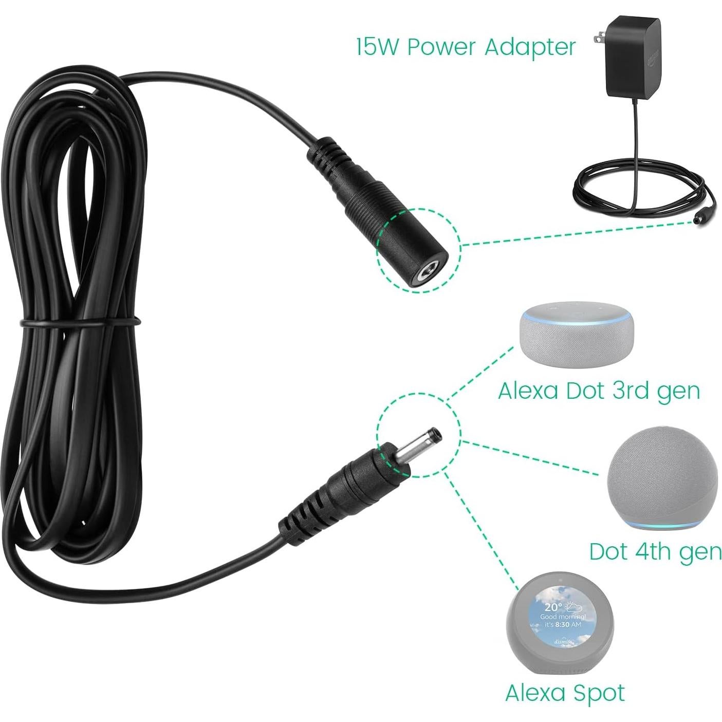 Cable de extensión de poder 3m para Echo Dot y Alexa