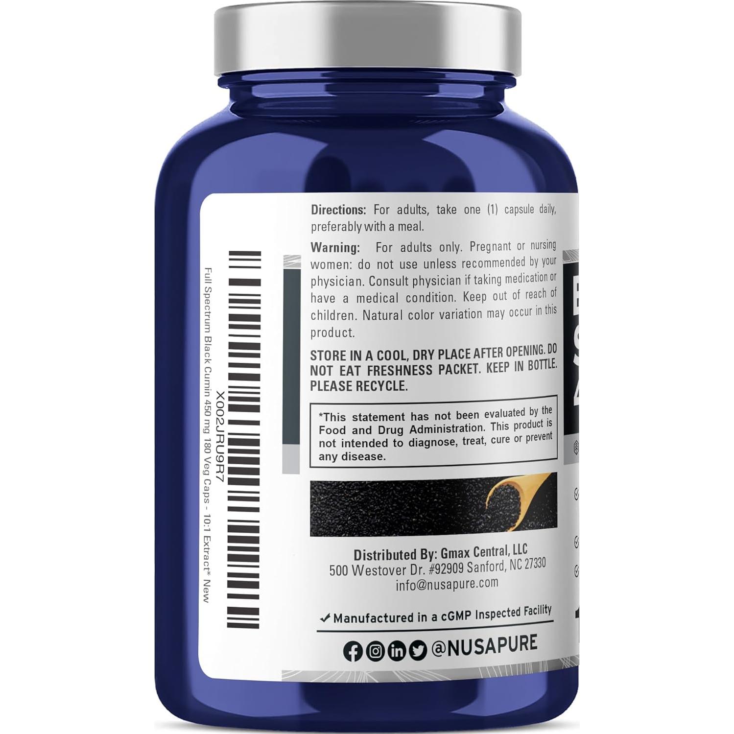 Extracto de Semilla de Comino Negro NusaPure 450 mg 180 Cápsulas