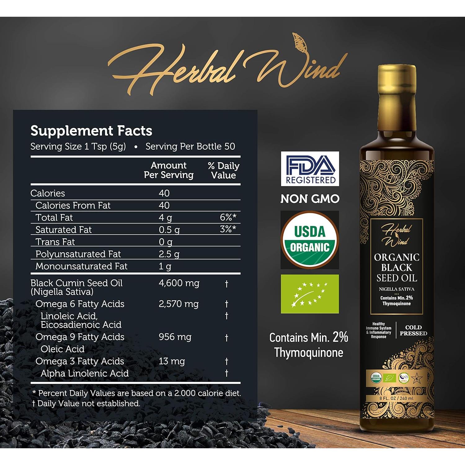 Aceite de Semilla Negra Herbal Wind 236.6 ml Orgánico Prensado en Frío