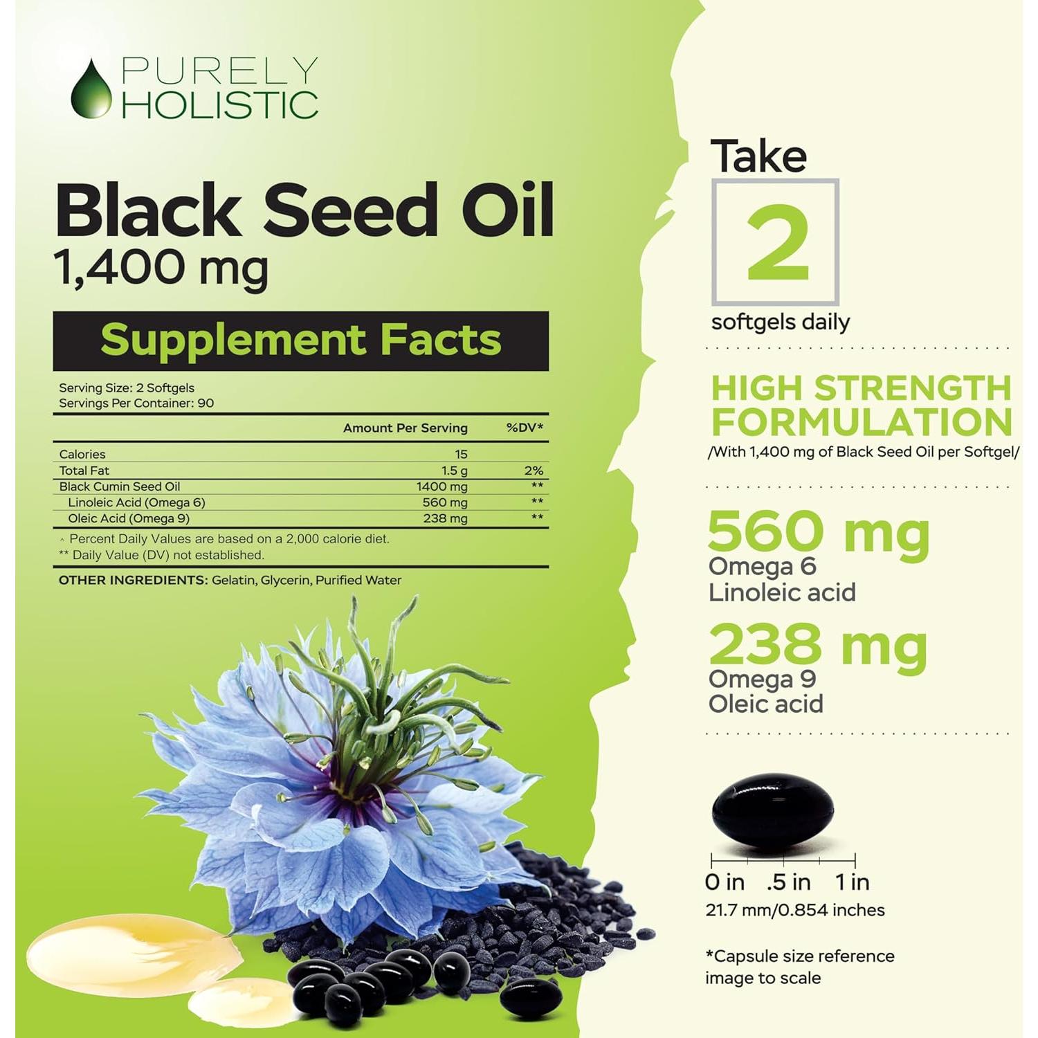 Cápsulas de Aceite de Semilla Negra Purely Holistic 1400mg 180 Gelatinas