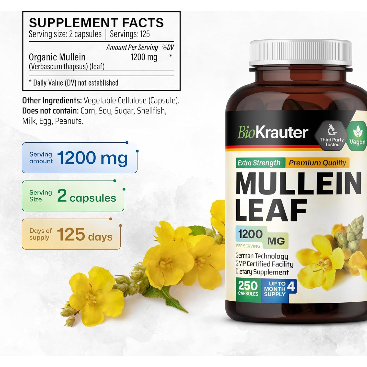 Cápsulas de Mullein BIO KRAUTER 1200 mg - 250 Unidades - Veganas