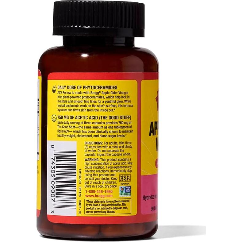 Cápsulas de Vinagre de Sidra de Manzana Bragg - 90 Unidades - Hidratación y Piel Saludable