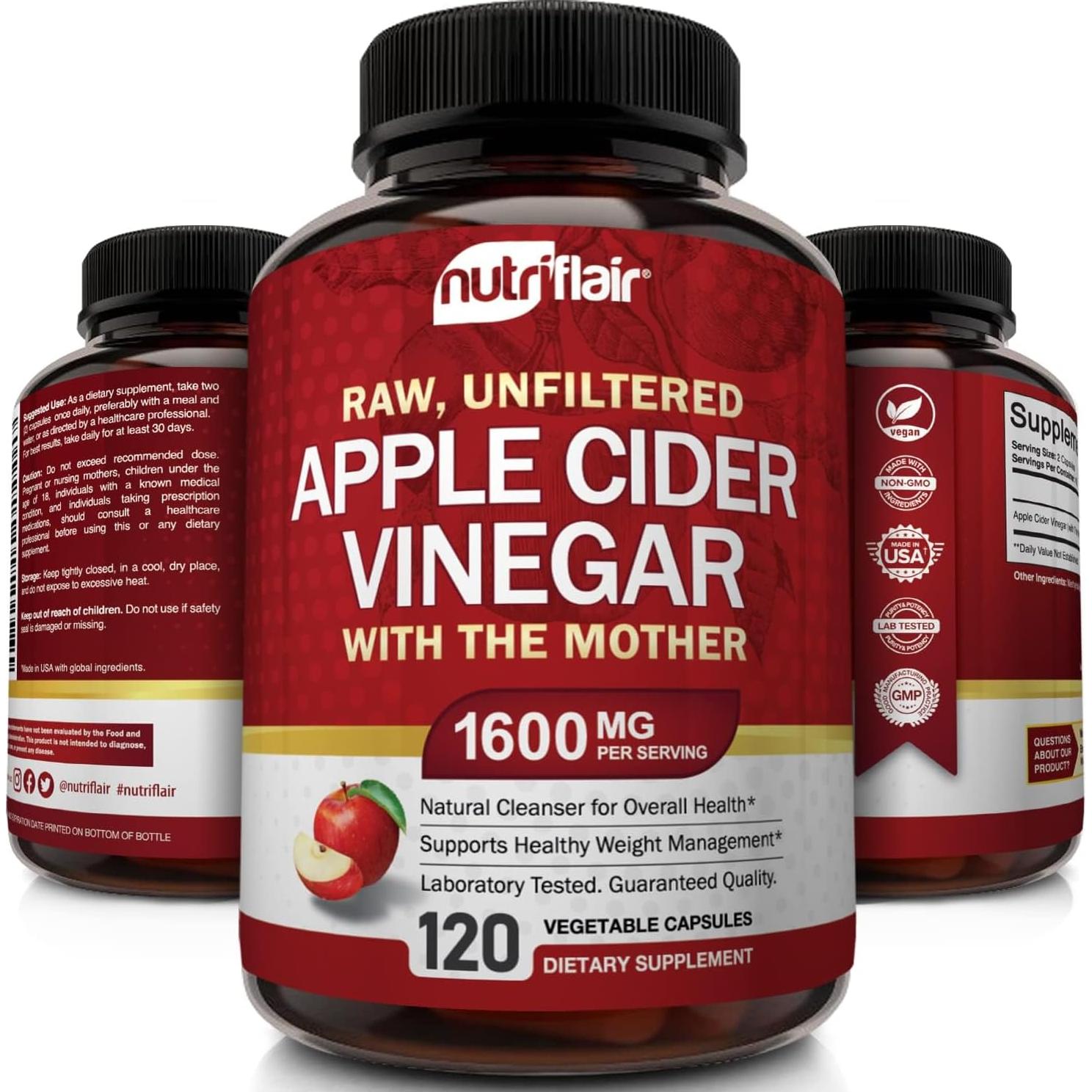 Cápsulas de Vinagre de Sidra de Manzana NutriFlair 1600 mg - 120 Veganas