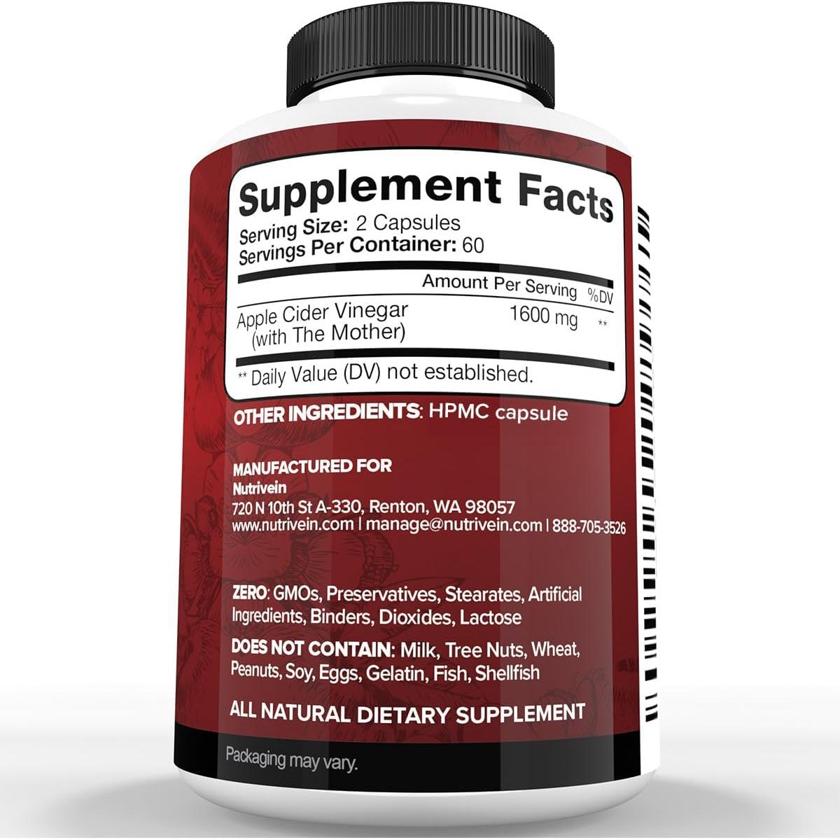 Suplemento de Vinagre de Sidra de Manzana Nutrivein 1600 mg - 120 Cápsulas