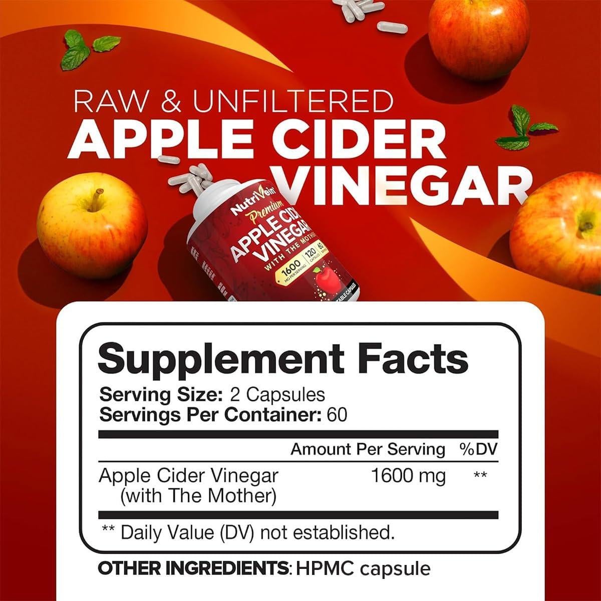 Suplemento de Vinagre de Sidra de Manzana Nutrivein 1600 mg - 120 Cápsulas