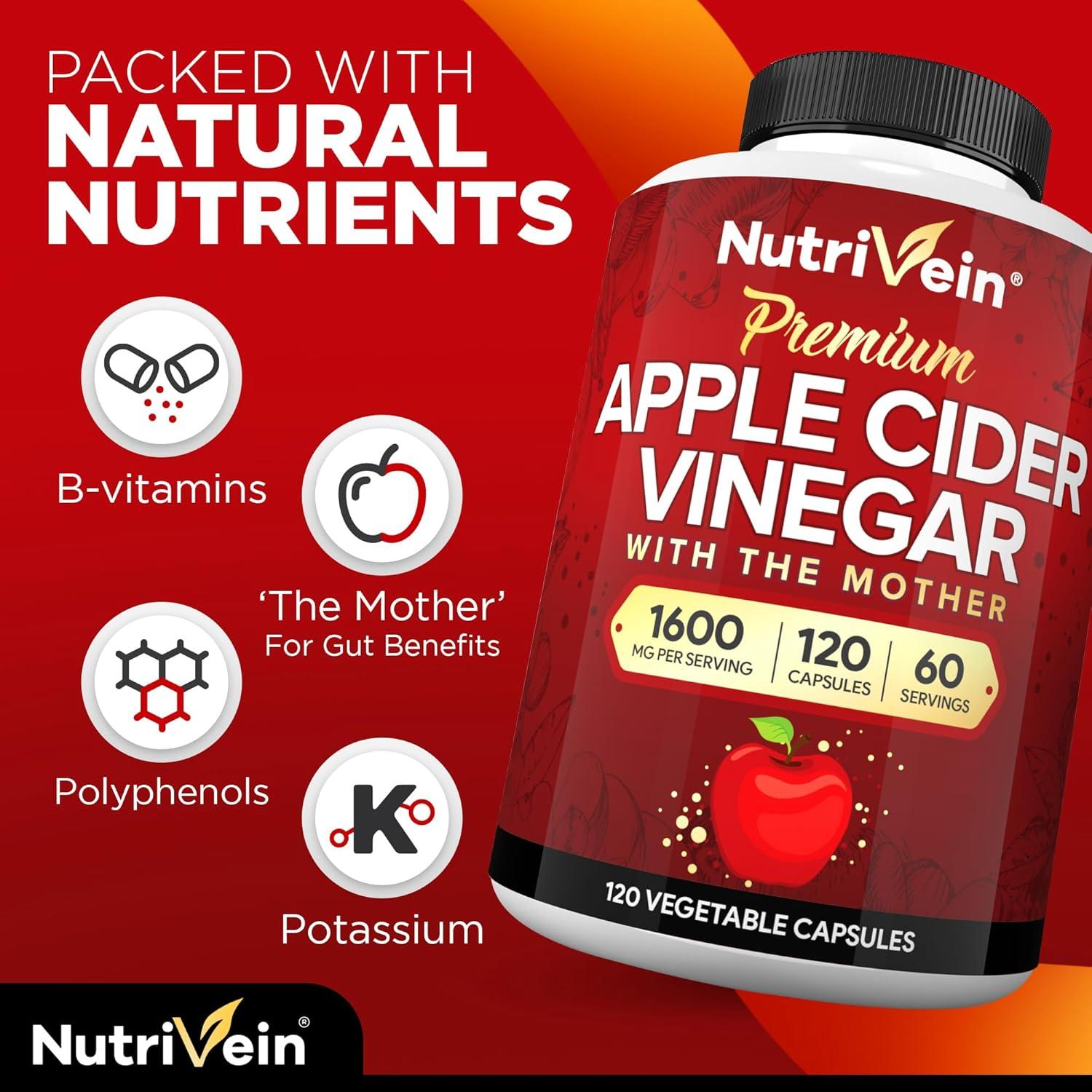 Suplemento de Vinagre de Sidra de Manzana Nutrivein 1600 mg - 120 Cápsulas