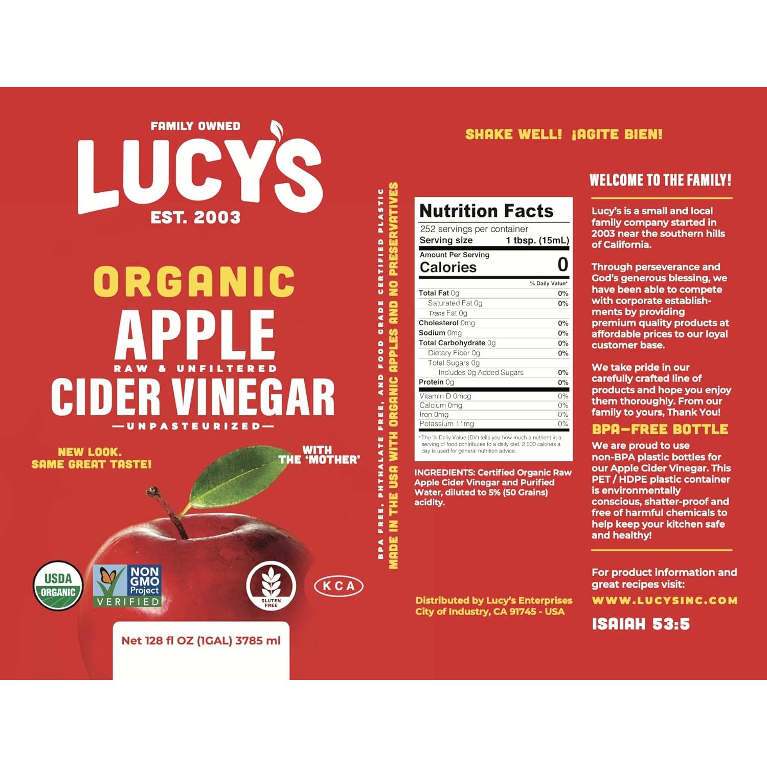 Vinagre de Sidra de Manzana Orgánico Lucy 128 Oz con la Madre