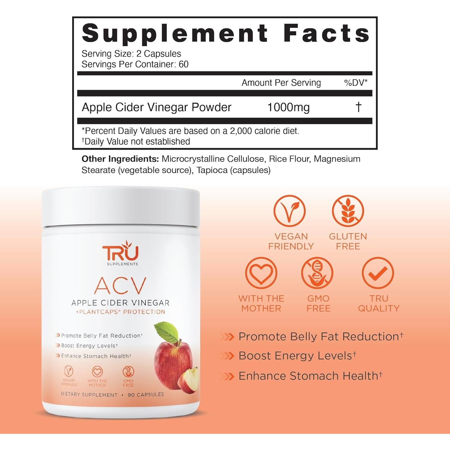 Suplemento Orgánico TRU ACV Vinagre de Sidra de Manzana 1000mg