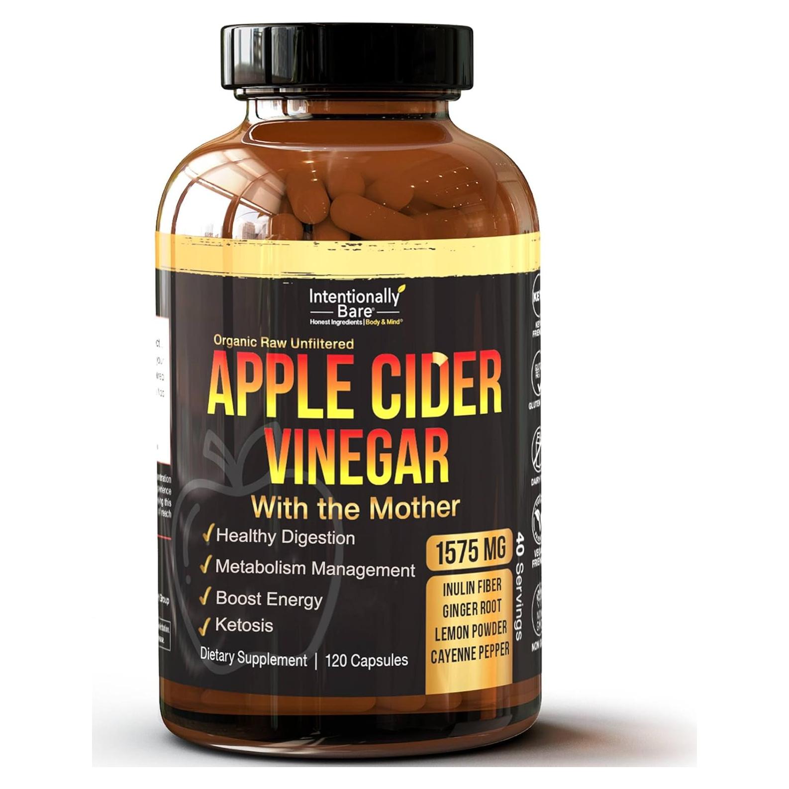 Cápsulas de Vinagre de Sidra de Manzana Intencionalmente Puro - 120 Cápsulas con Jengibre y Cayena