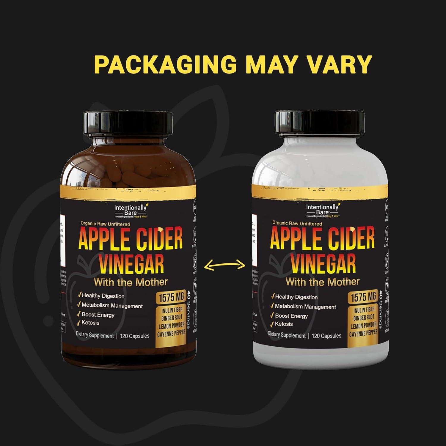 Cápsulas de Vinagre de Sidra de Manzana Intencionalmente Puro - 120 Cápsulas con Jengibre y Cayena