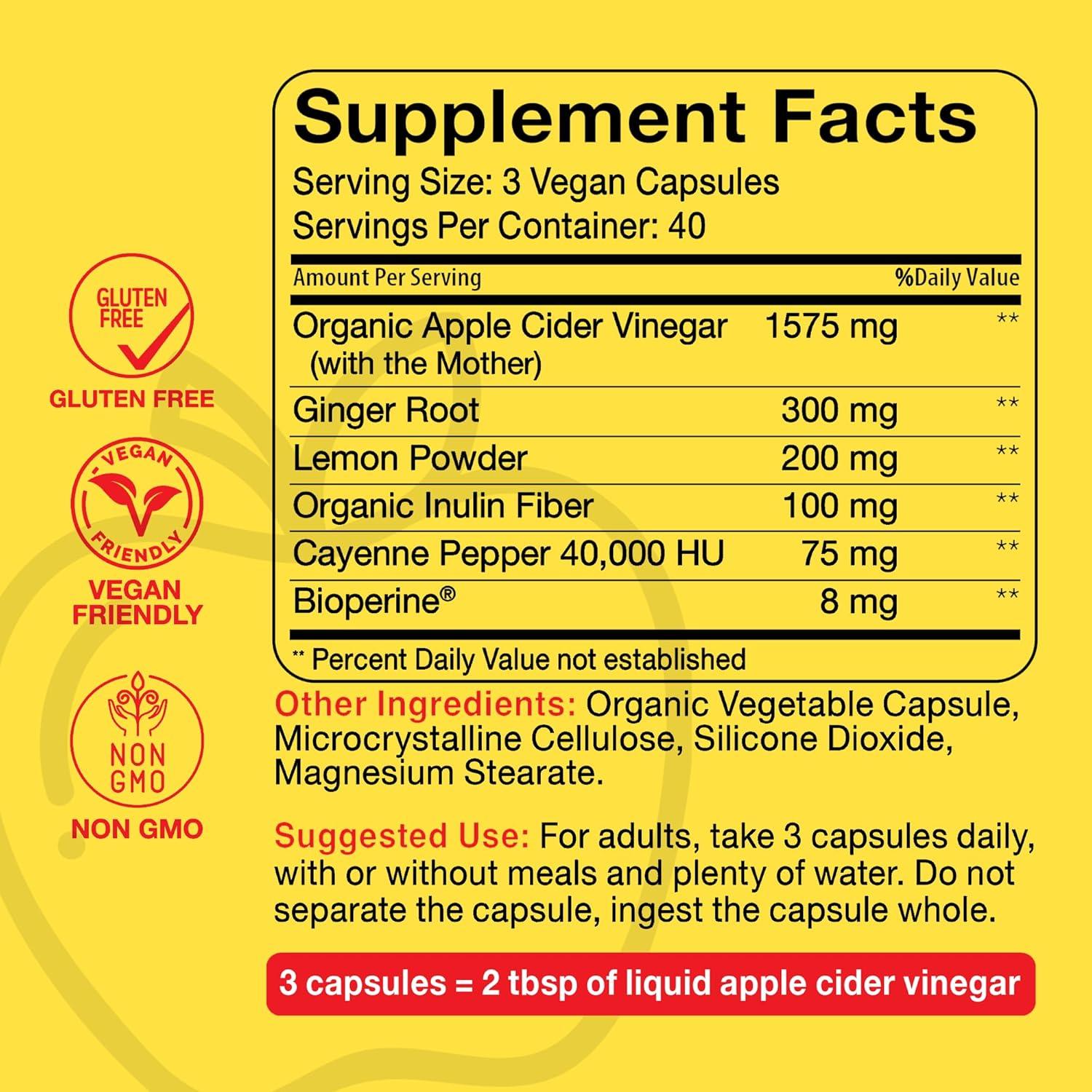 Cápsulas de Vinagre de Sidra de Manzana Intencionalmente Puro - 120 Cápsulas con Jengibre y Cayena