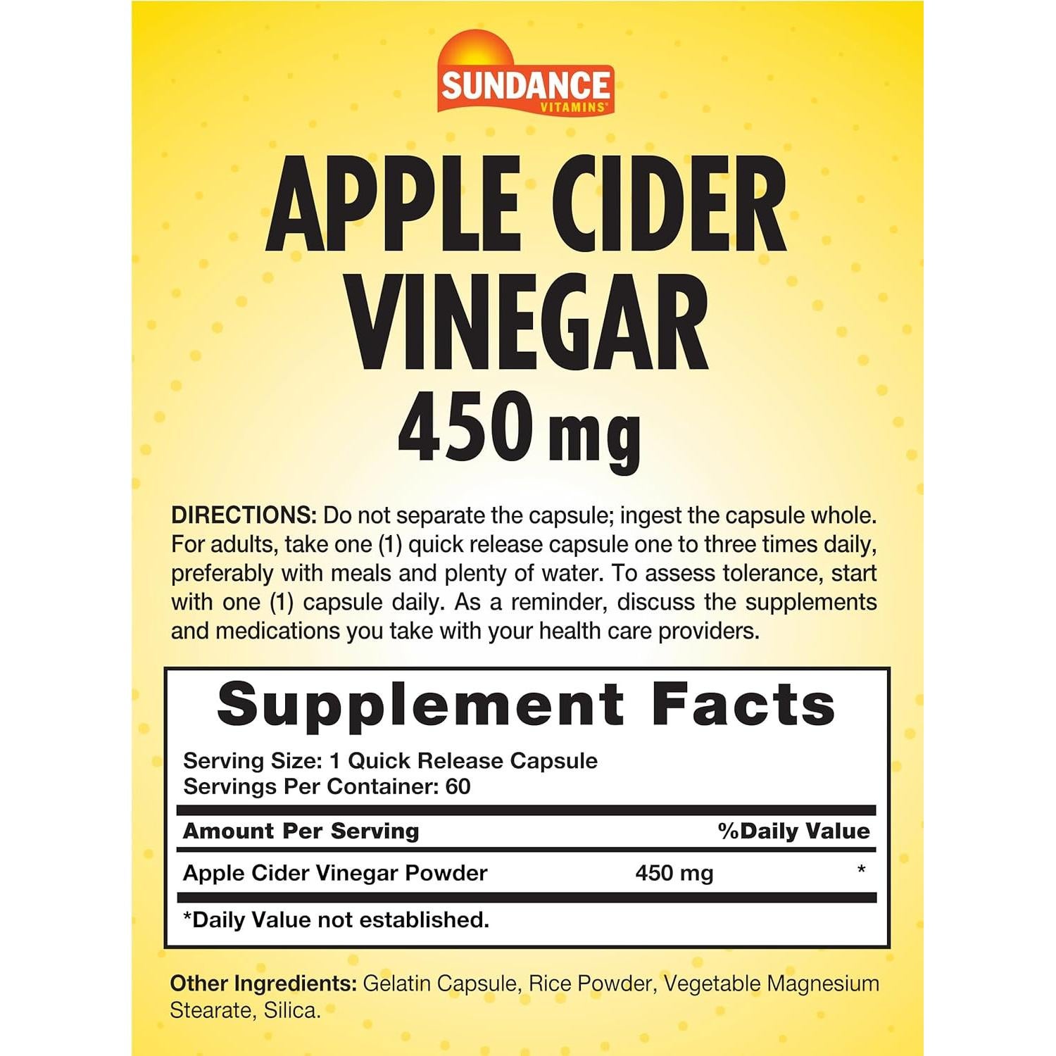 Cápsulas de Vinagre de Sidra de Manzana Sundance 450mg 60 Unidades