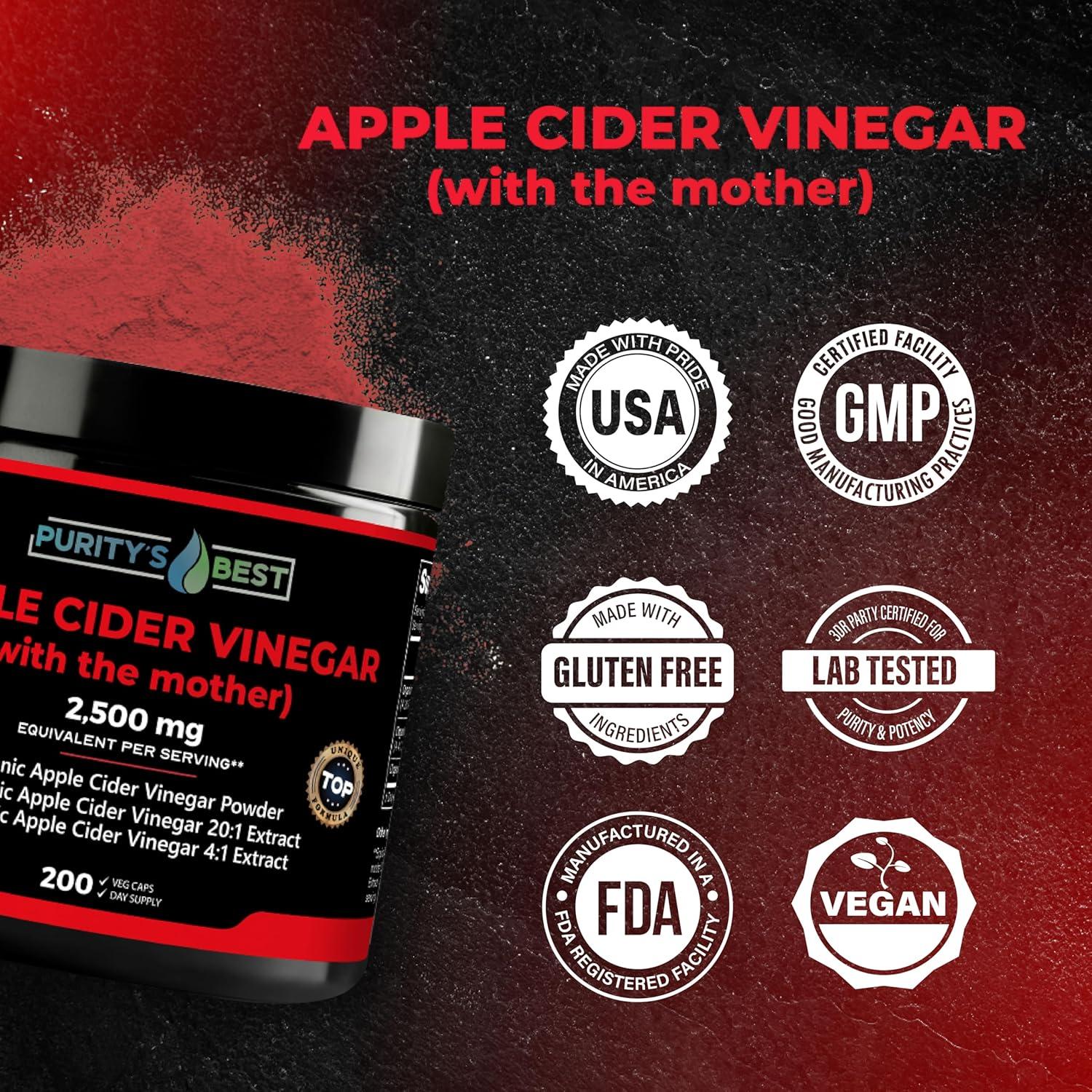 Vinagre de Sidra de Manzana Orgánico Purity's Best - 200 Cápsulas Veganas - 2500 mg