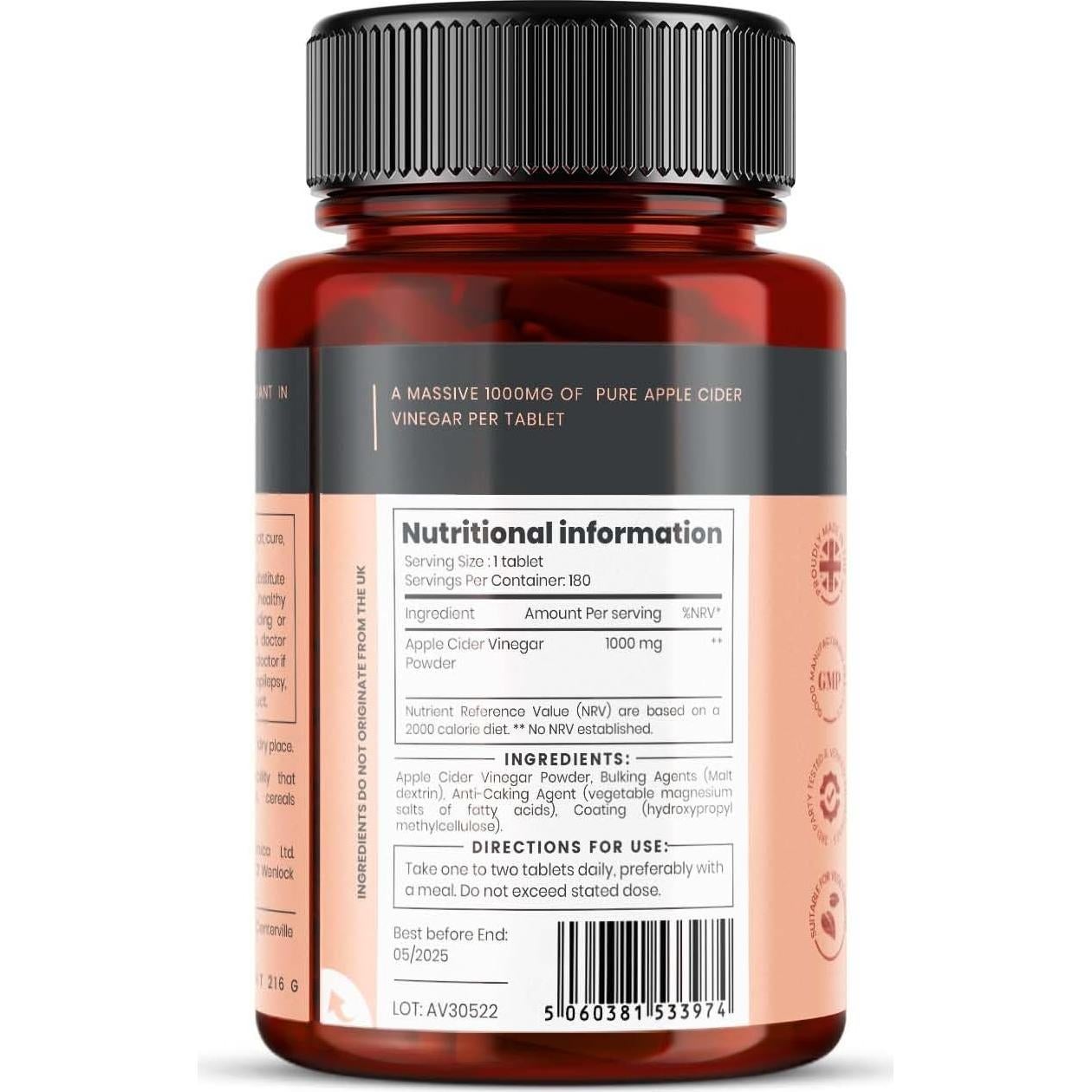 Vinagre de Sidra de Manzana Doble Fuerza 1000mg 180 Tabletas