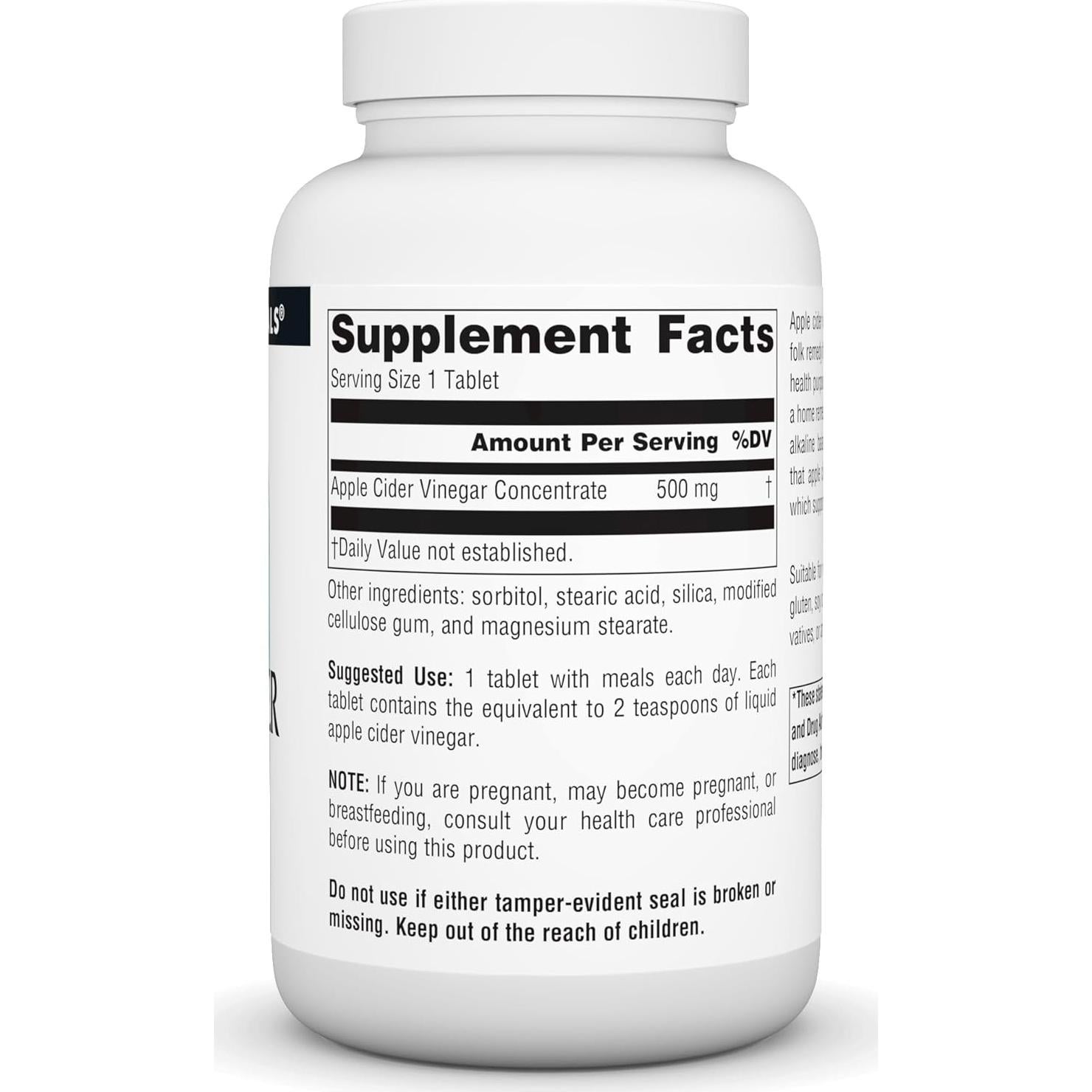 Suplemento de Vinagre de Sidra de Manzana Source Naturals 500mg - 180 Tabletas