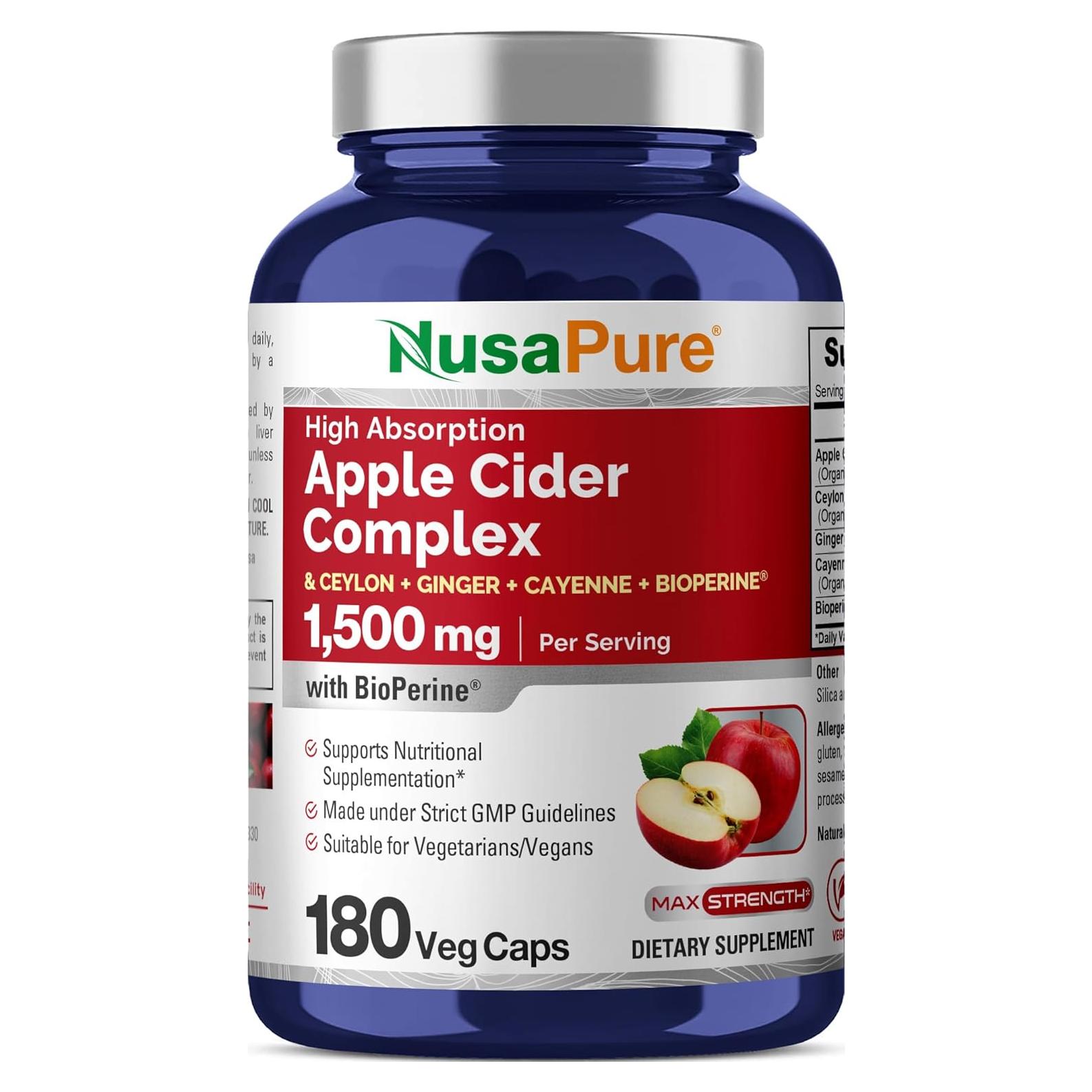 Complejo de Vinagre de Sidra de Manzana NusaPure 1500 mg 180 Cápsulas Veganas
