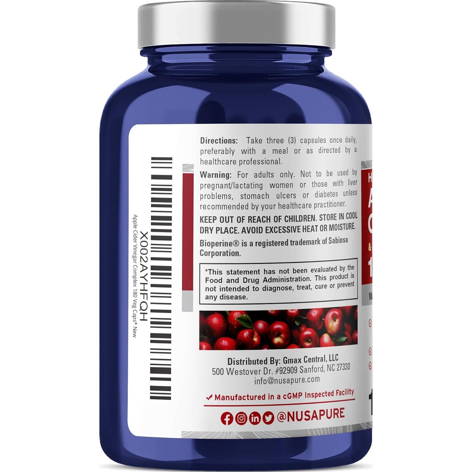 Complejo de Vinagre de Sidra de Manzana NusaPure 1500 mg 180 Cápsulas Veganas