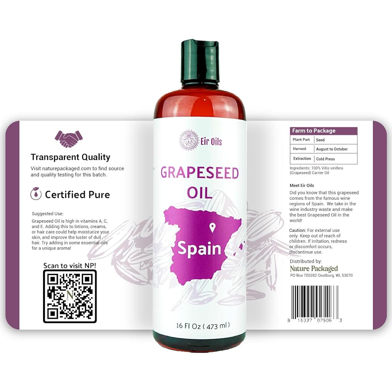 Aceite de Semilla de Uva EIR Oils 473 ml - Puro para Piel y Cabello